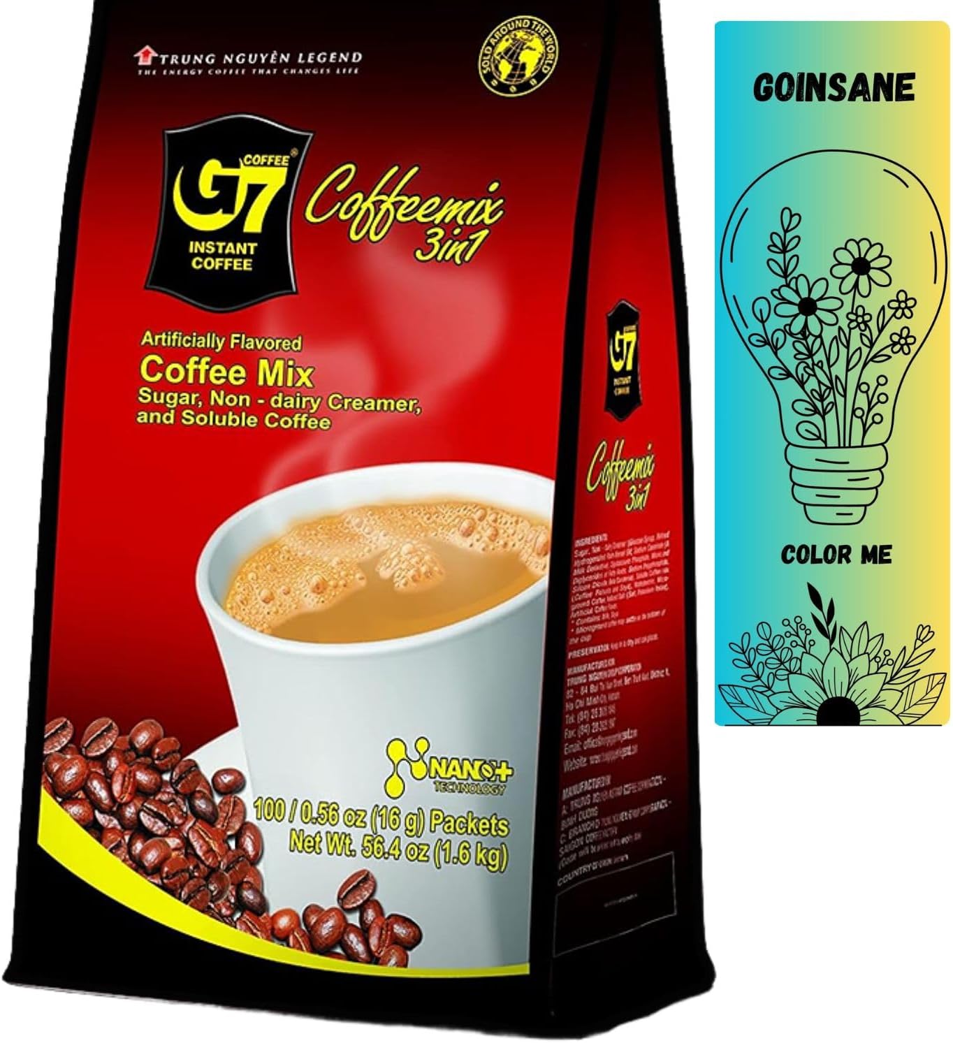 3-in-1 Instant Coffee - 100 Pack Authentic Vietnamese Coffee with Cream and Sugar - Convenient Single-Serve Packets - Perfect for Travel, Office, and Home. Free Goinsane Bookmark