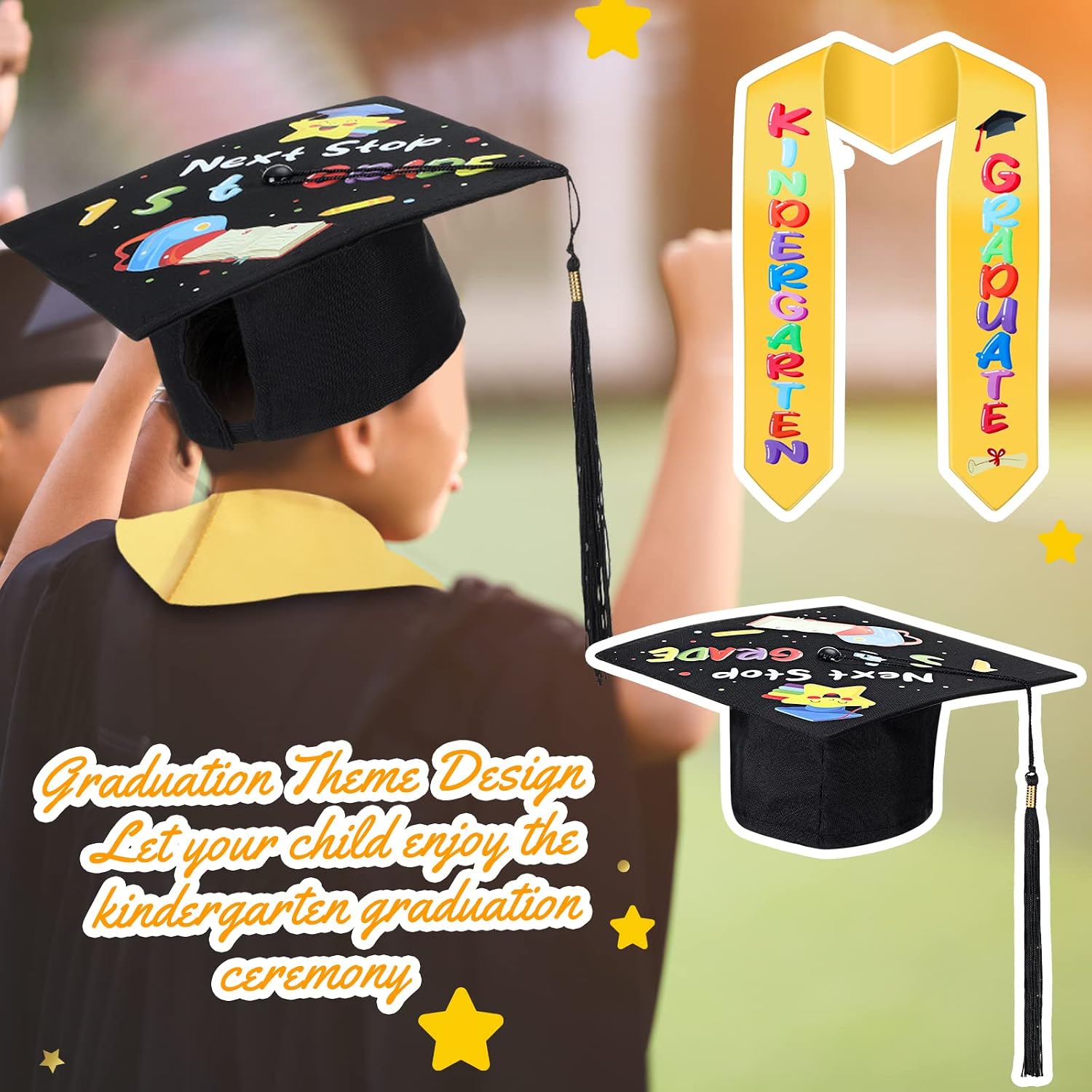 Kindergarten Graduation Cap with Printed Graduation Stole for Kids Adjustable Elastic Graduation Hat Tassel Sash