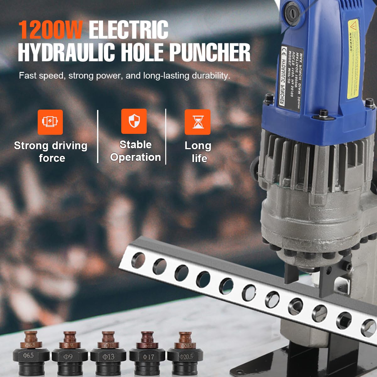 Electric Hydraulic Hole Punch - 1500W, 5 Die Set, Punches Metal Up To 6mm Steel / 8mm Aluminum