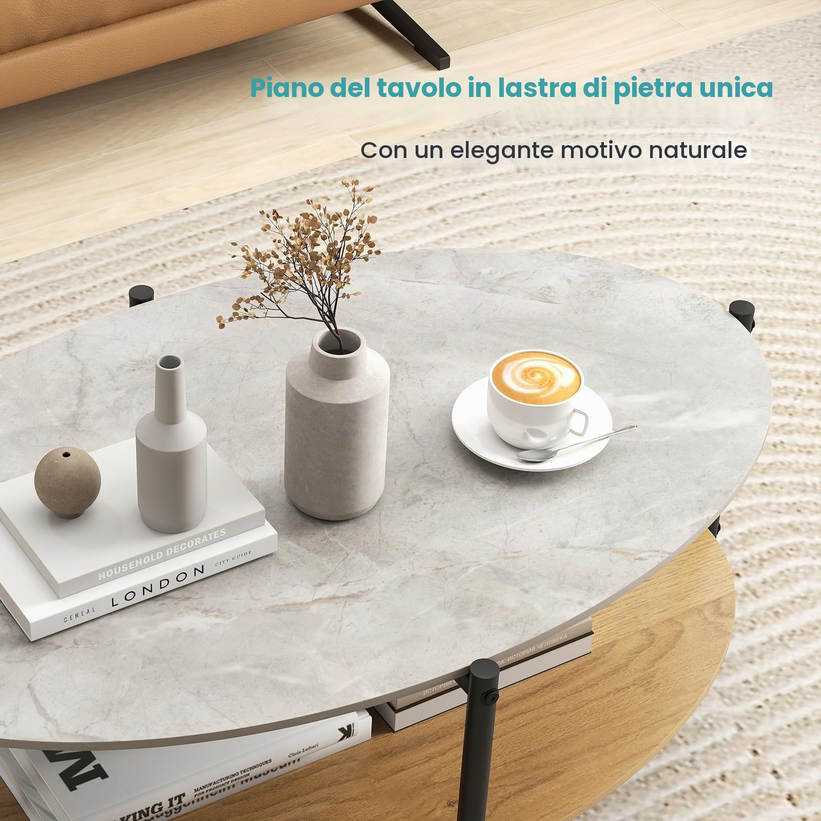LIFEZEAL Tavolino Salotto in Marmo Pietra, Ovale, Moderno, Basso, Tavolino da Caffè, da Soggiorno, a 2 Ripiani, Coffee Table, Telaio in Metallo, Semplice, Robusto, Peso Max 90 kg, 105x65x41 cm