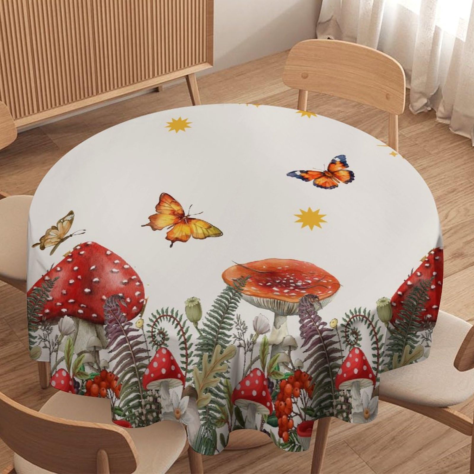 Kurtect Mushroom Round Tablecloth,Retro Boho Plant Botanical Colorful Butterfly Moon Star Table Covers for Dining Room Kitchen Indoor Outdoor Party