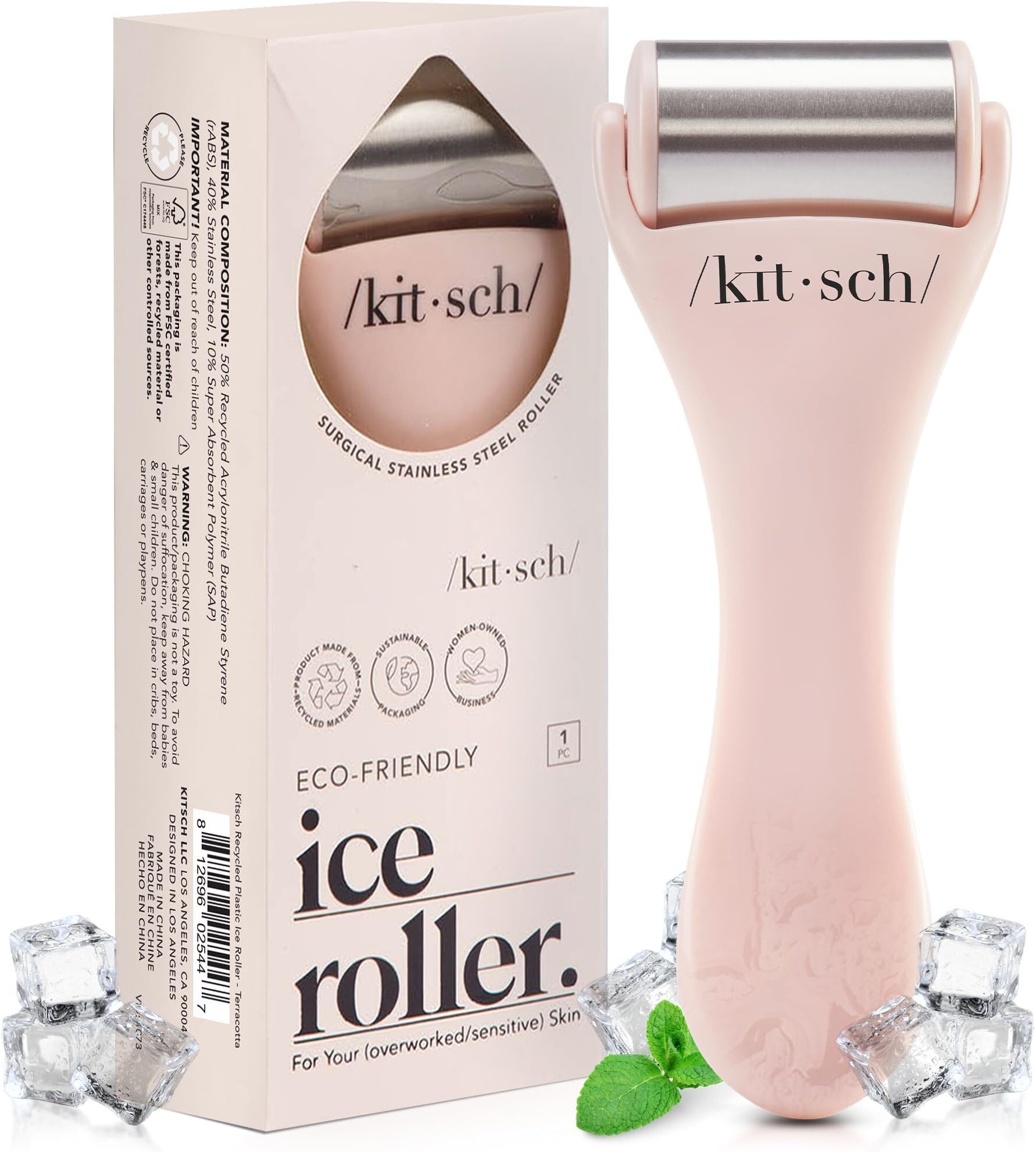 Kitsch Ice Roller for Face – Stainless Steel Face Ice Roller to Reduce Puffiness, Redness & Headaches – Cooling Facial Roller for Skin Care, Irritation Relief & Spa-Like Experience at Home - Pink