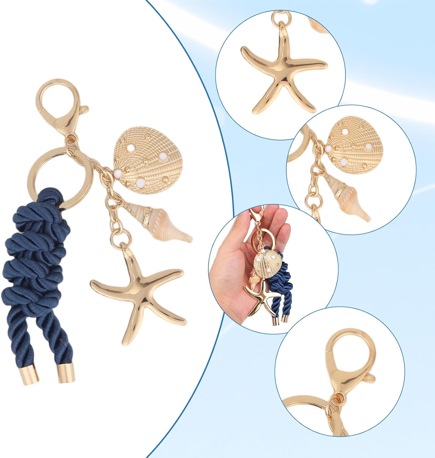 Gold Seashell Keychain for Women, Ocean Beach Bag Charms with Seashell & Blue Rope Summer Purse Accessory Fashion Jewelry Gift - Image 4