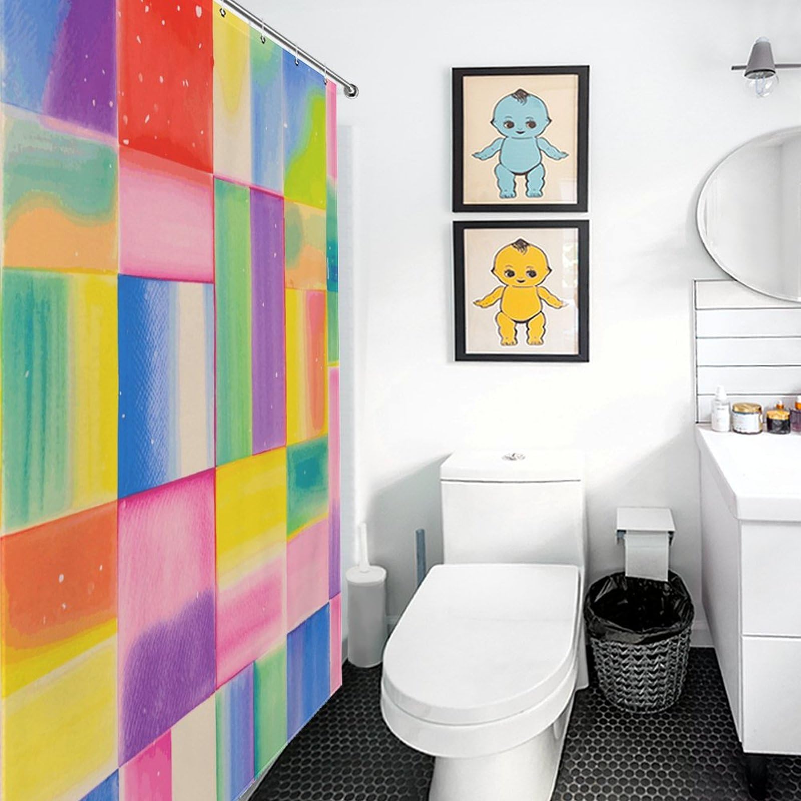 Rideau de douche en tissu imperméable de qualité supérieure avec motif carré géométrique