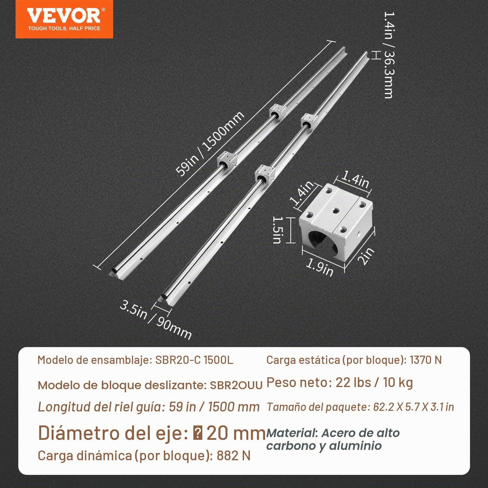 VEVOR Riel de guía lineal SBR20 1500 mm 2 rieles 4 bloques SBR20UU Kit deslizadores CNC