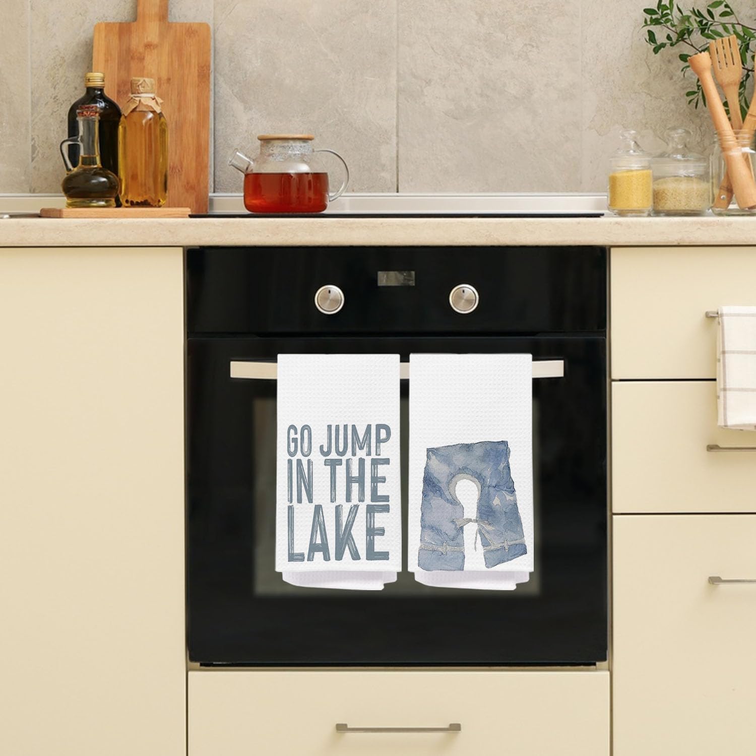 Blue Lake House Kitchen Towels 16x24 Inch, Go Jump in The Lake Lakehouse Life Jacket Decorative Hand Dish Tea Towels for Bathroom Kitchen Set of 4