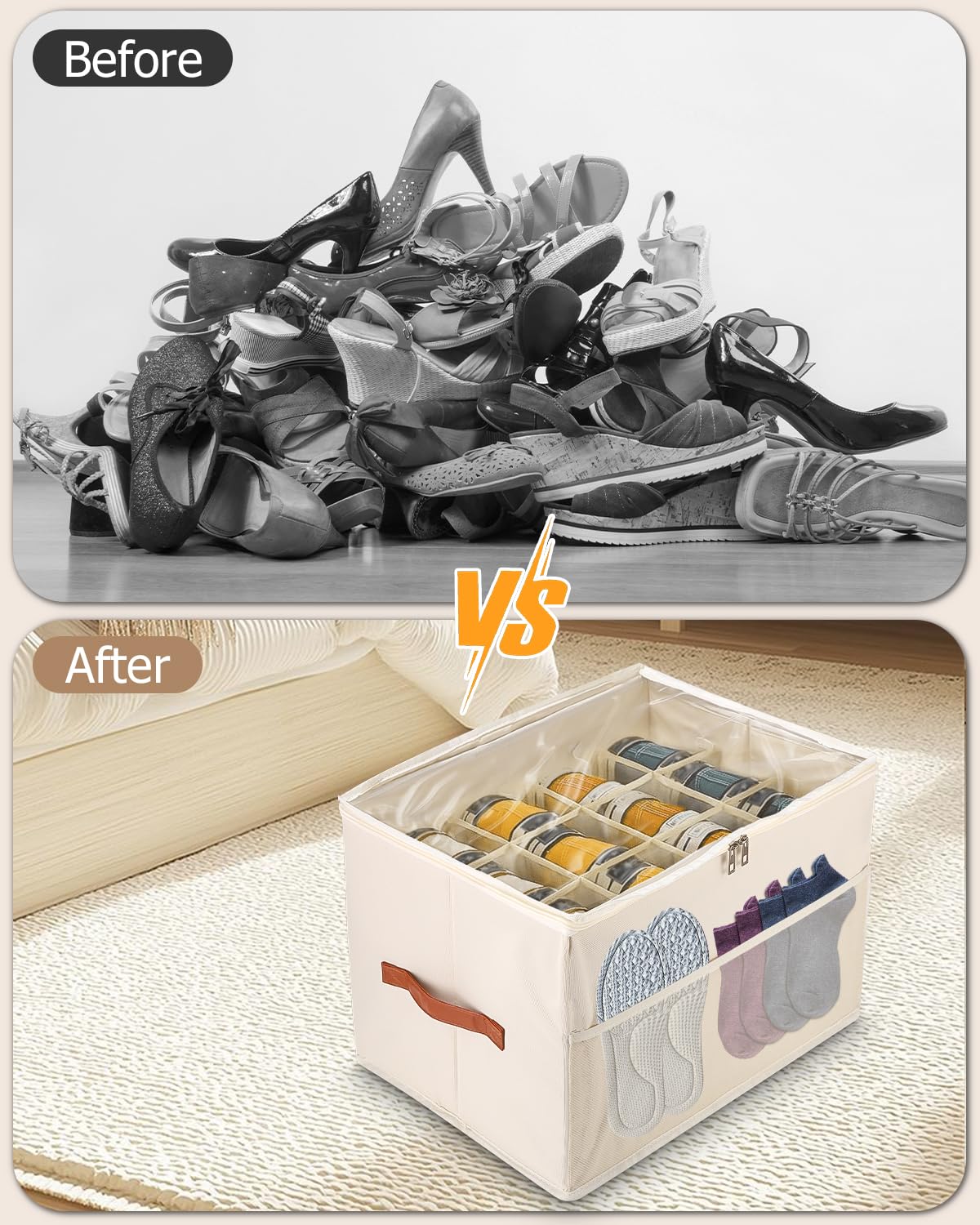 Organisateur De Chaussures Pliable 12 Compartiments - 43x32x32 Cm - Transparent Avec Poignée - Range 6-12 Paires - Gris