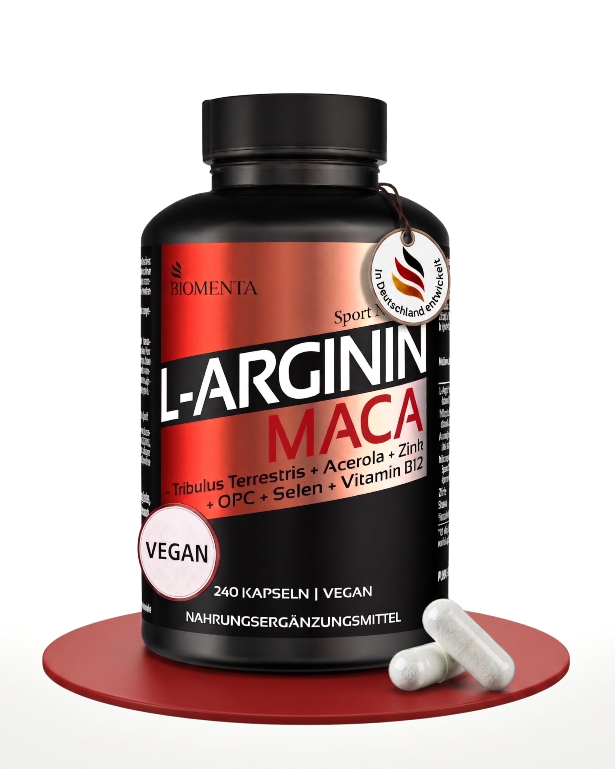 BIOMENTA L-Arginin + Maca Hochdosiert I 240 vegane Kapseln mit Zink, Selen, Vitamin C & 375 mg reinen Aminosäuren pro Einheit I Pflanzliche Nahrungsergänzung ohne Zusätze I Laborgeprüfte Qualität
