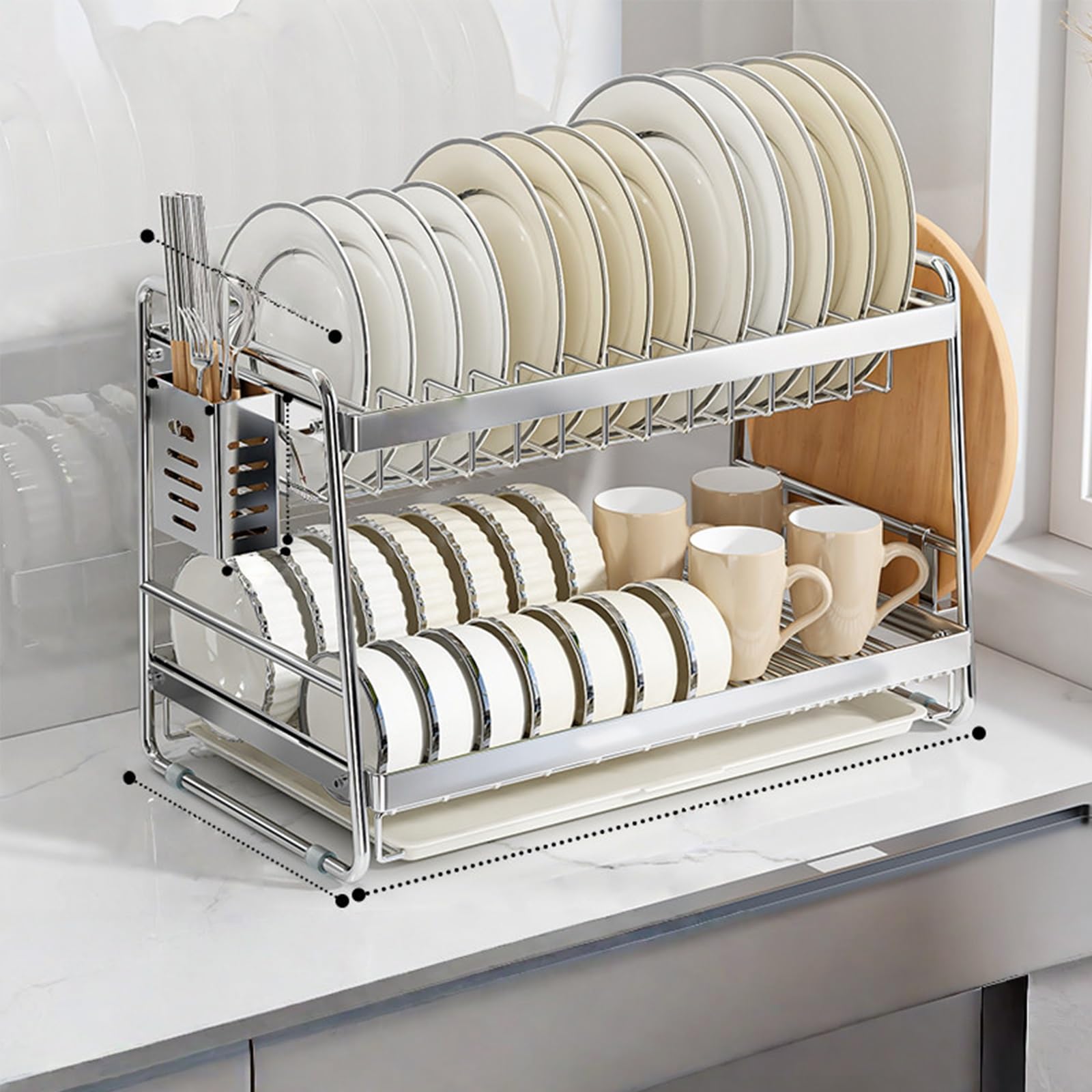 Égouttoir à Vaisselle 2 Niveaux, Support de Rangement Cuisine Blanc en Fer
