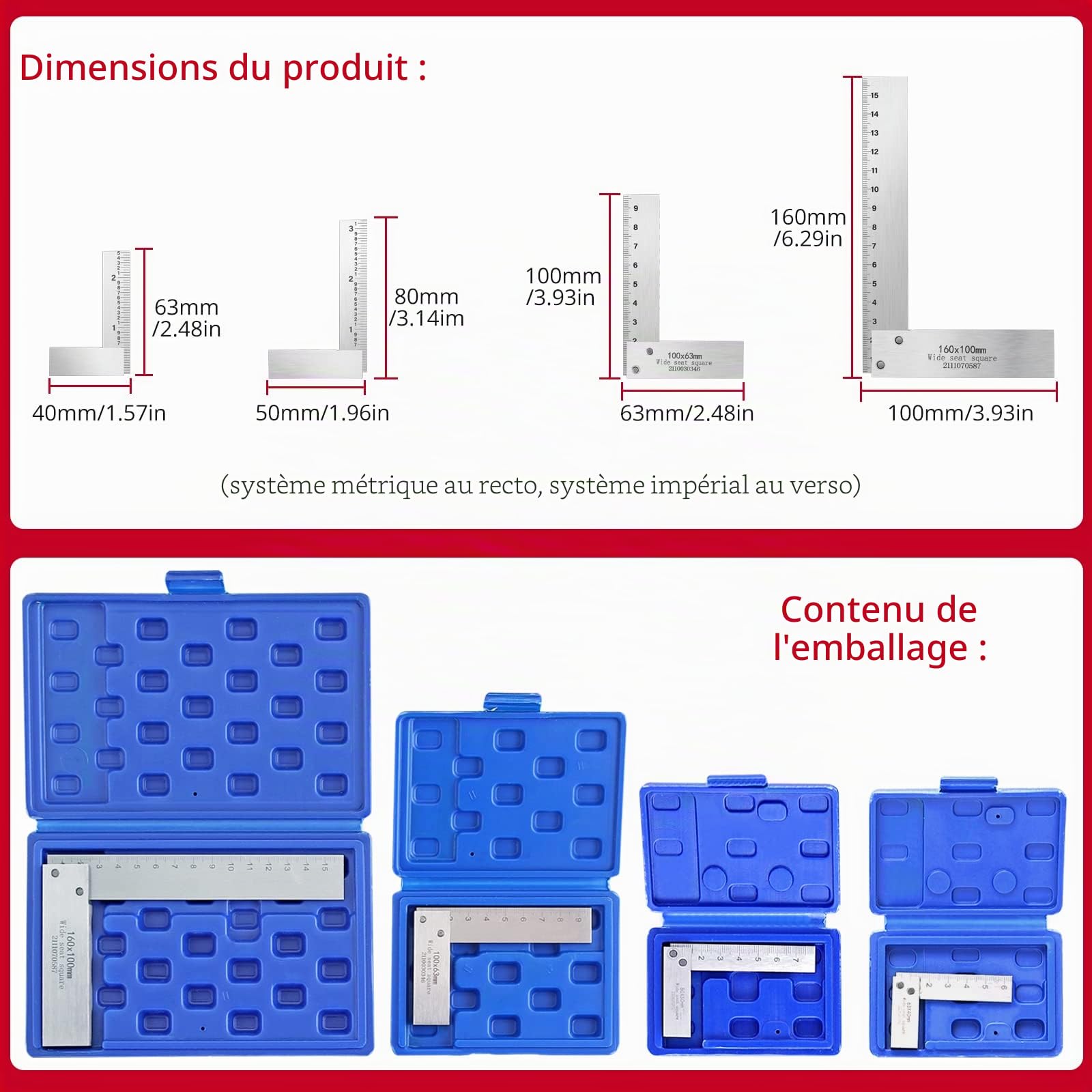 XUNTOP 4Pcs 90° Équerre à Chapeau en Acier au Carbone MM/POUCE Équerre de Menuisier Règle d'Angle Droit pour Menuisier, Charpentier, Travail du Bois