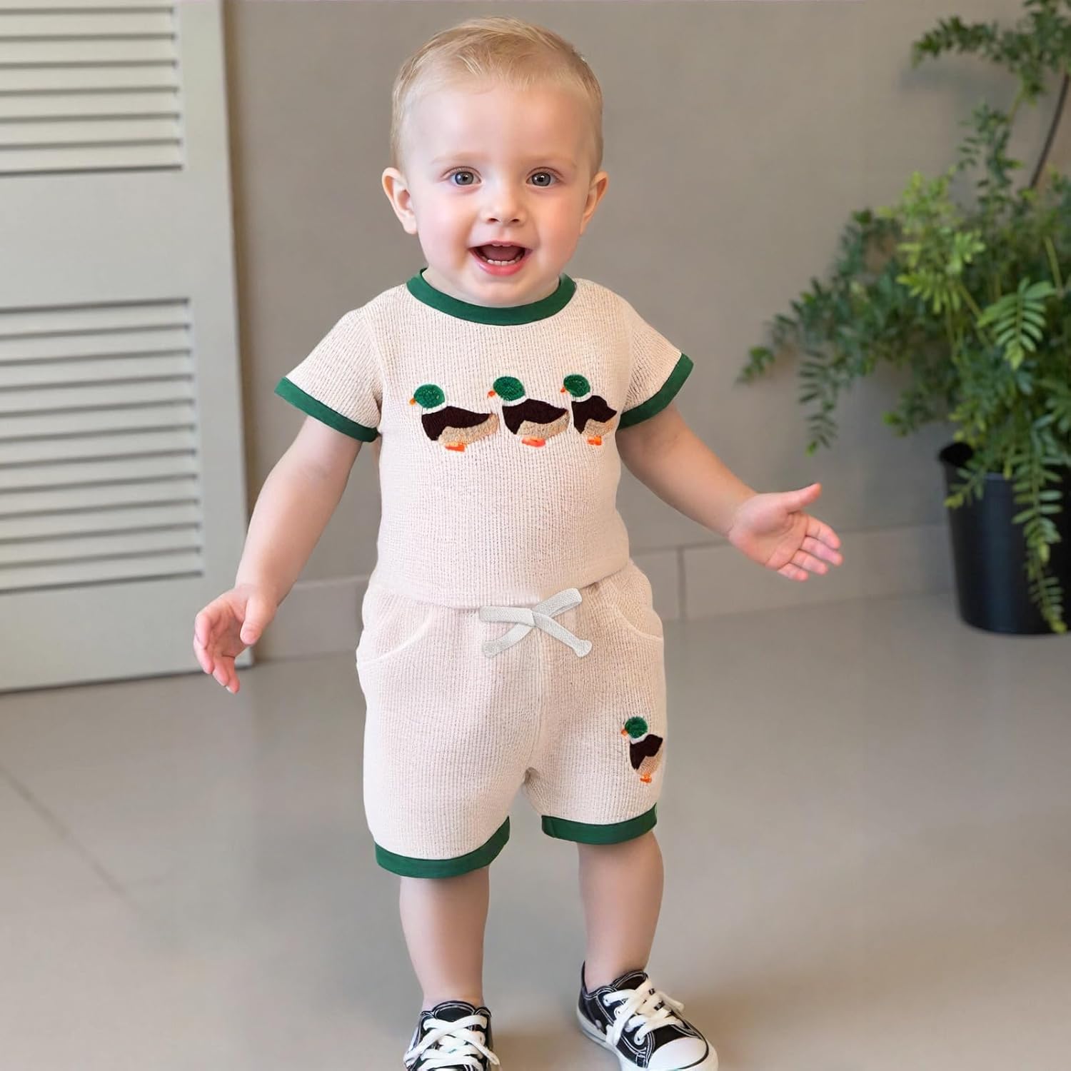 Toddler Baby Boy Summer Outfit Mallard Duck Embroidery Short Sleeve T-Shirt Tops Waffle Shorts Set Hunting Clothes - Image 5