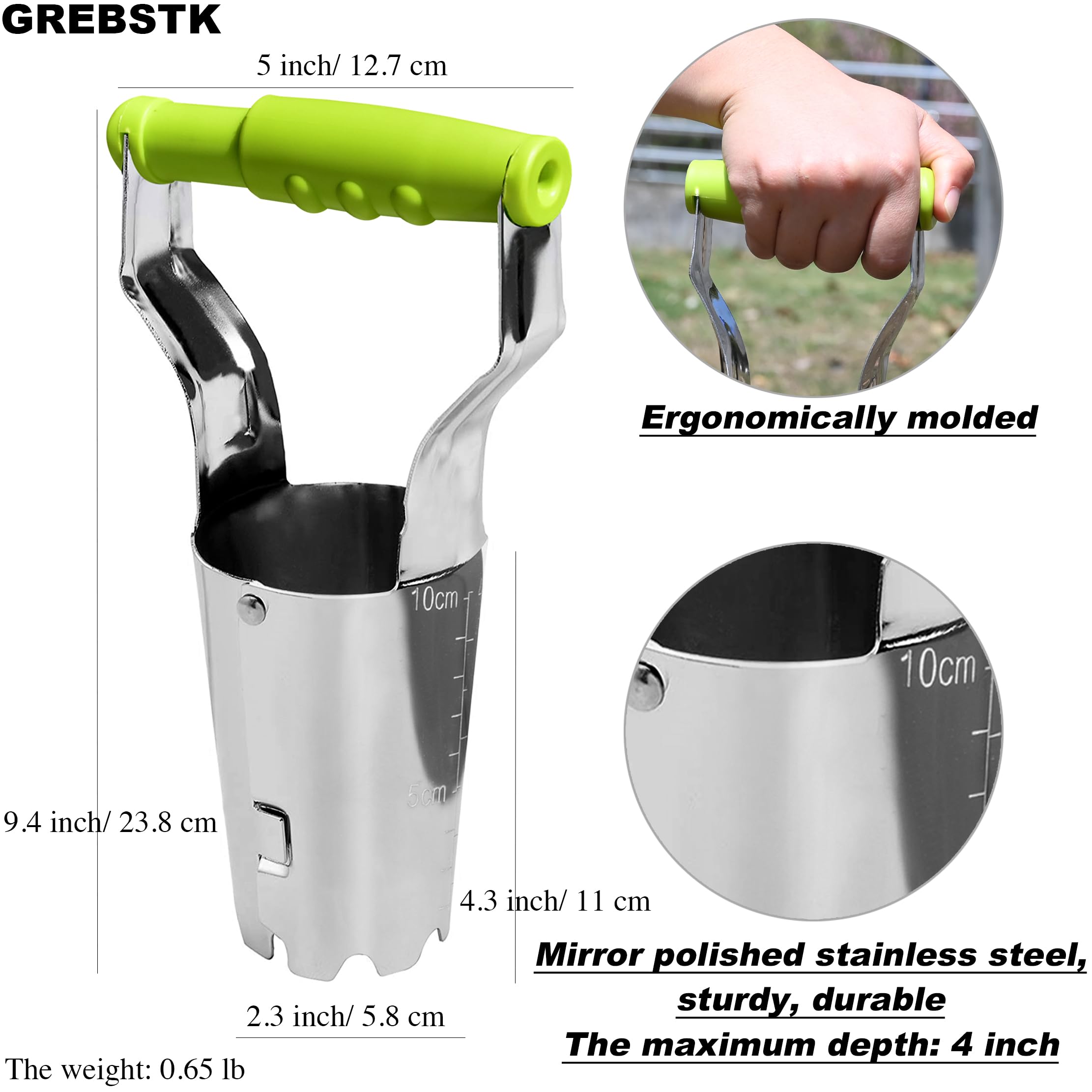 GREBSTK Strumento trapiantatore di bulbi da Giardinaggio in Acciaio Inossidabile con Segno di profondità e Maniglia di Rilascio del Suolo per piantare bulbi