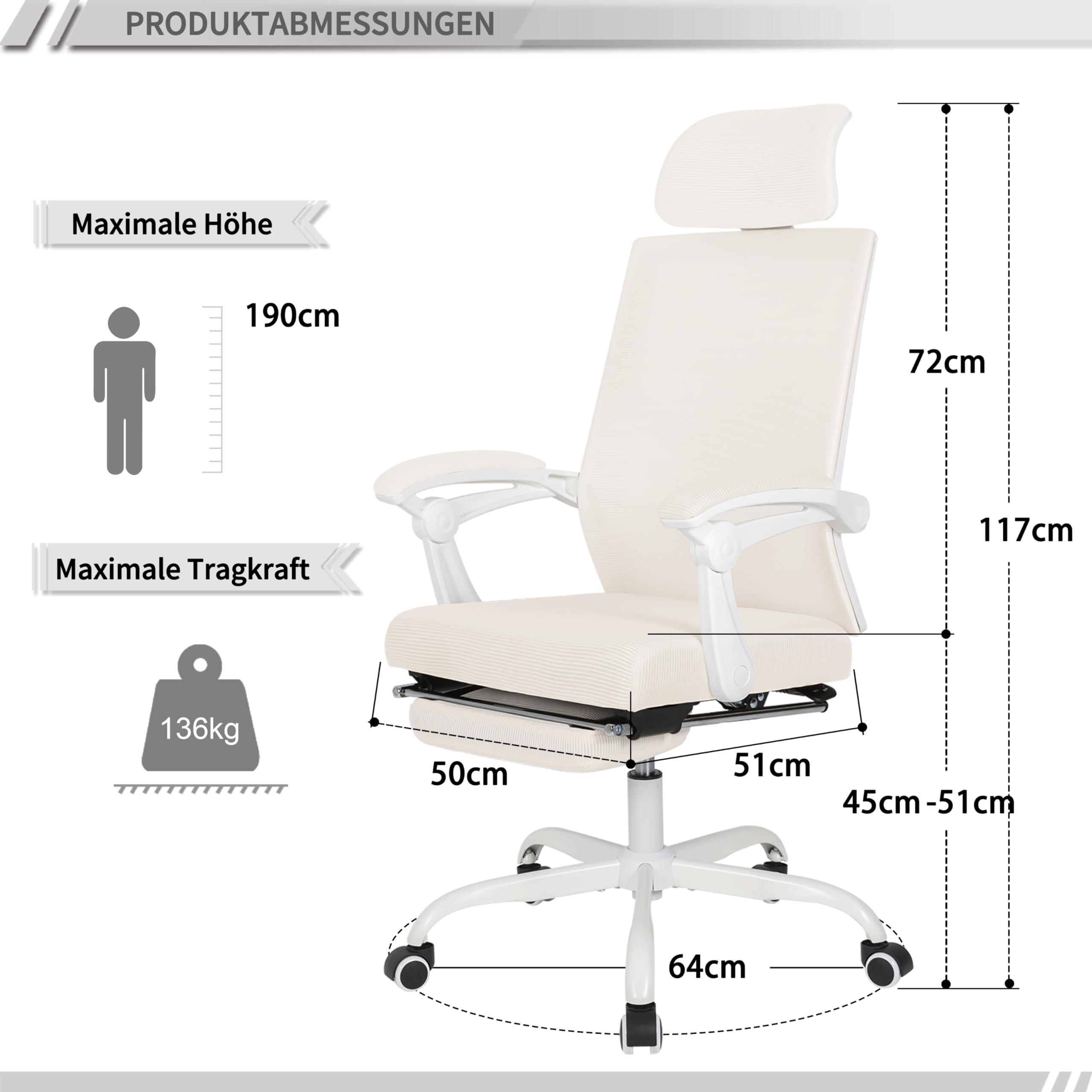 UEV Ergonomisch Bürostuhl aus Mesh, Schreibtischstuhl mit Fußstütze, Drehstuhl mit Verstellbarer Kopfstütze Lendenwirbelstütze, höhenverstellbar neigbar bis 135°, atmungsaktiver Stoff, Beige