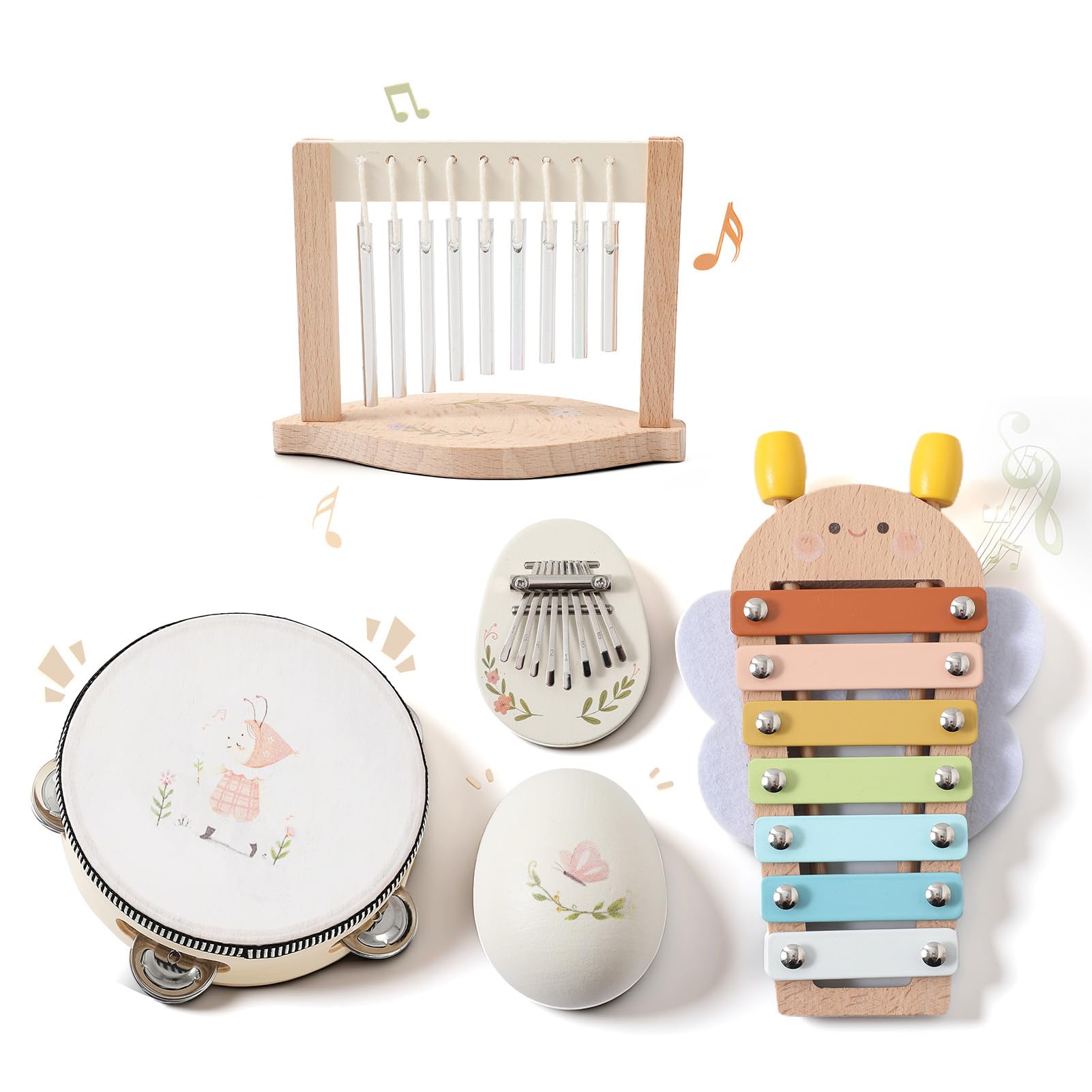 Eujgoov Set di Giocattoli a Percussione in Legno, Strumenti Musicali in Legno Naturale per Bambini con Xilofono e Tamburello, Perfetti per attività di Apprendimento in età Prescolare