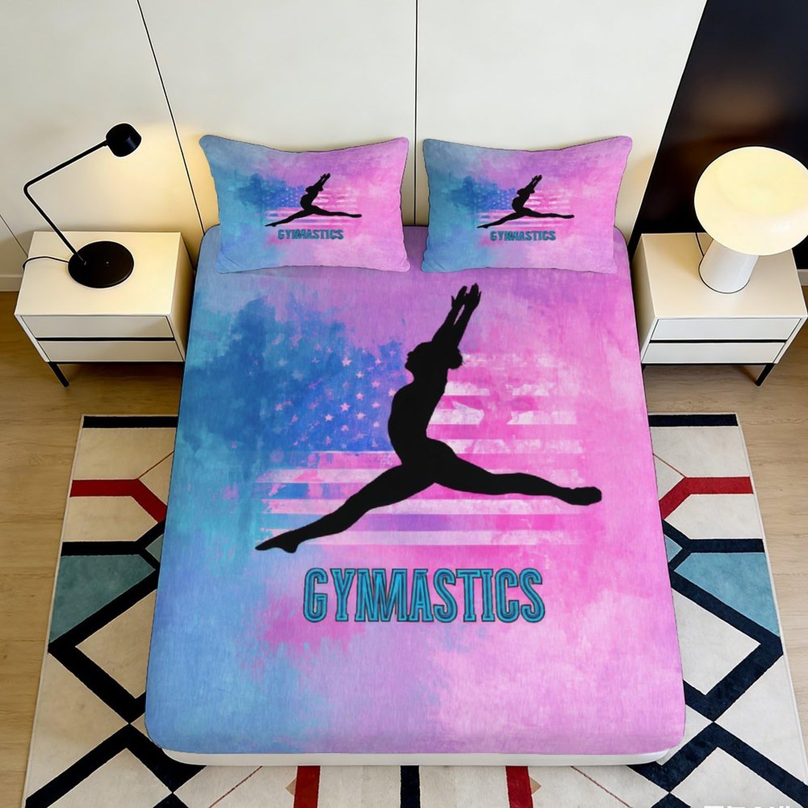 3D Printed Gymnastics Fitted Sheet Microfiber Soft Breathable American Flag Bed Cover for Bedroom Dormitory Guest Room Mattress Protection 200x200x25cm