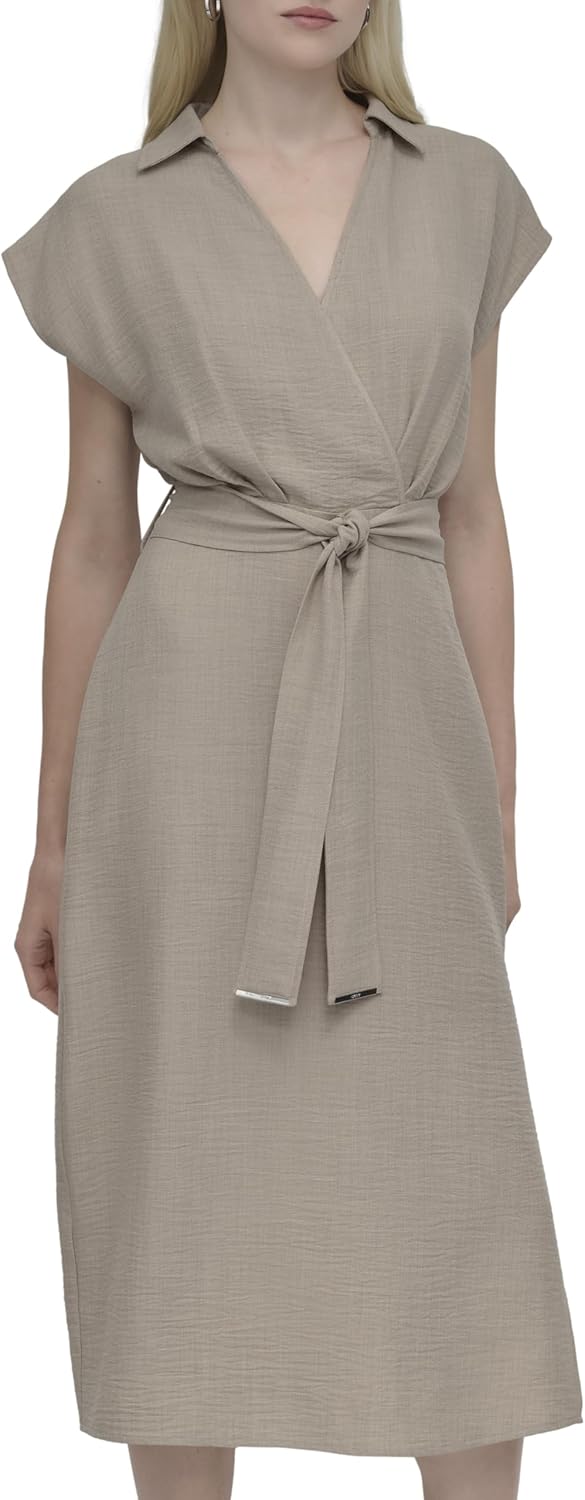 DKNY Women's Sleeveless Collared Neck Midi Dress with Removable Belt