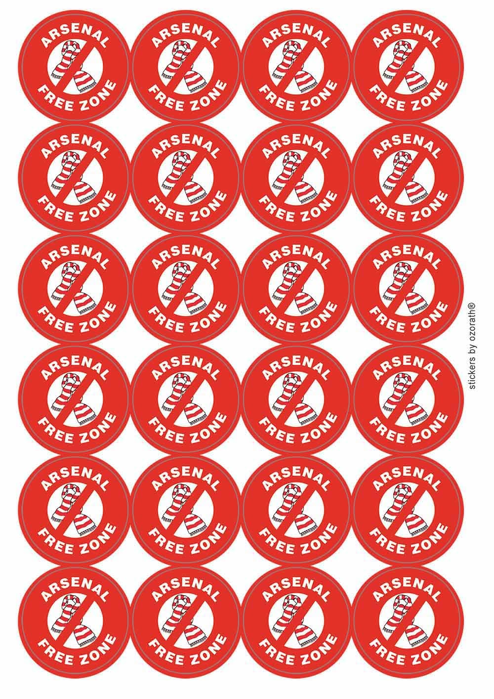Arsenal Free Zone Funny Joke Novelty Circular Matt Paper Stickers A4 Sheet of 24 (Each Sticker is 45mm Diameter)