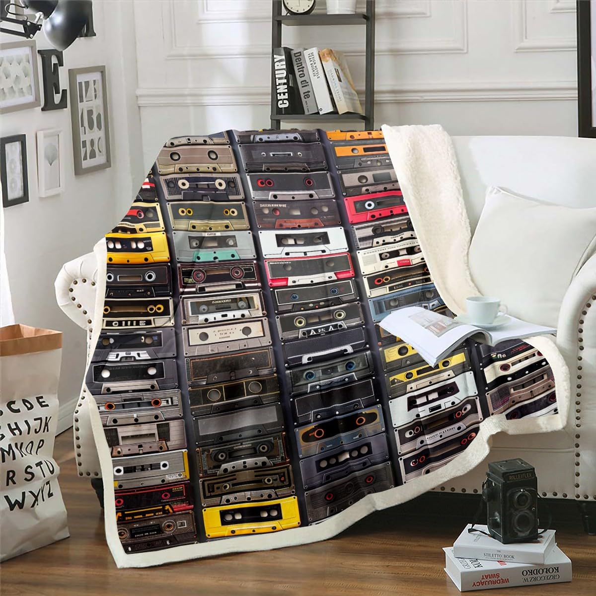 Erosebridal 3D Audio Cassettes Sherpa Blanket Queen 90"X90" Retro Music Theme Throw Blanket for Kids Adults Retro Musical Old Mixtape Fleece Blanket