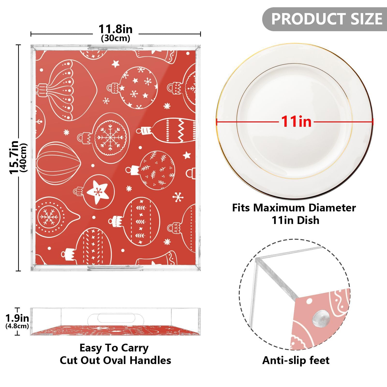 Bandeja acrílica transparente con asas, bandeja decorativa transparente de 12 x 16 pulgadas, patrón dibujado a mano, bonitas bandejas de servir navideñas a prueba de derrames, transparente