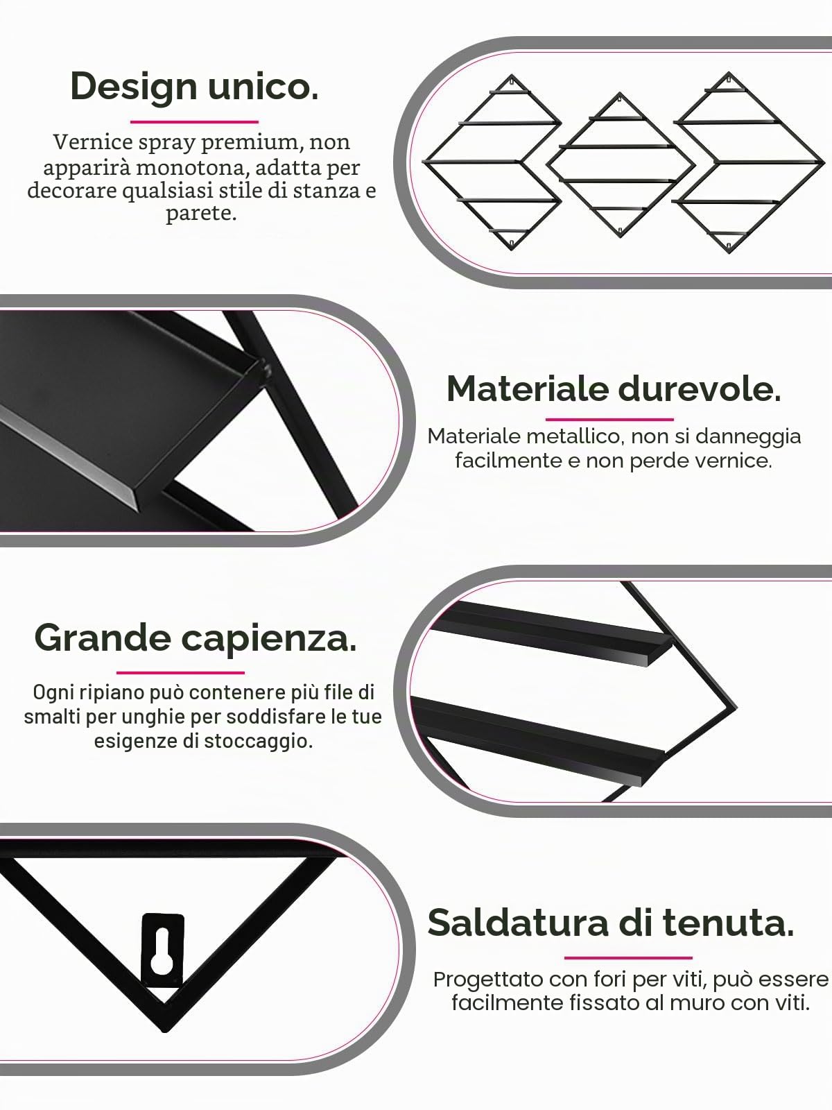 3 Pezzi Scaffali per Smalto da Parete in Metallo, Kalolary Nero Espositore Vetrine per Cosmetici Rossetto Profumo Mensola a Muro Organizzatori di Oli Essenziali per la Casa Spa Nail Salon Negozio