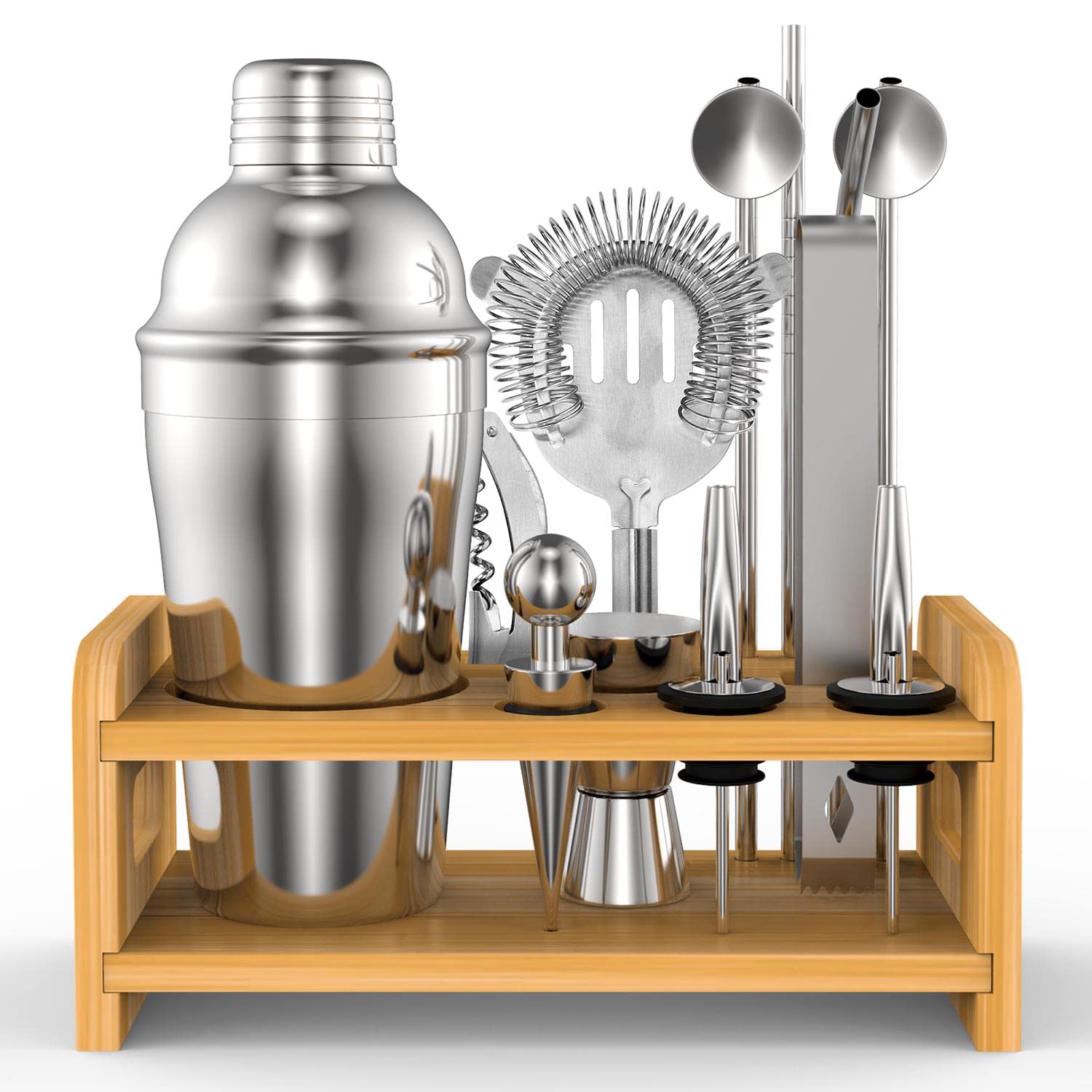Vinsani Silver, Brown 15 Pieces Cocktail Shaker Set Premium Stainless Bartender Mixing Accessories Kit Professional Bartending And Home Bar Tools Alcohol Cocktails Drink Maker Gin Martini Vodka Tonic