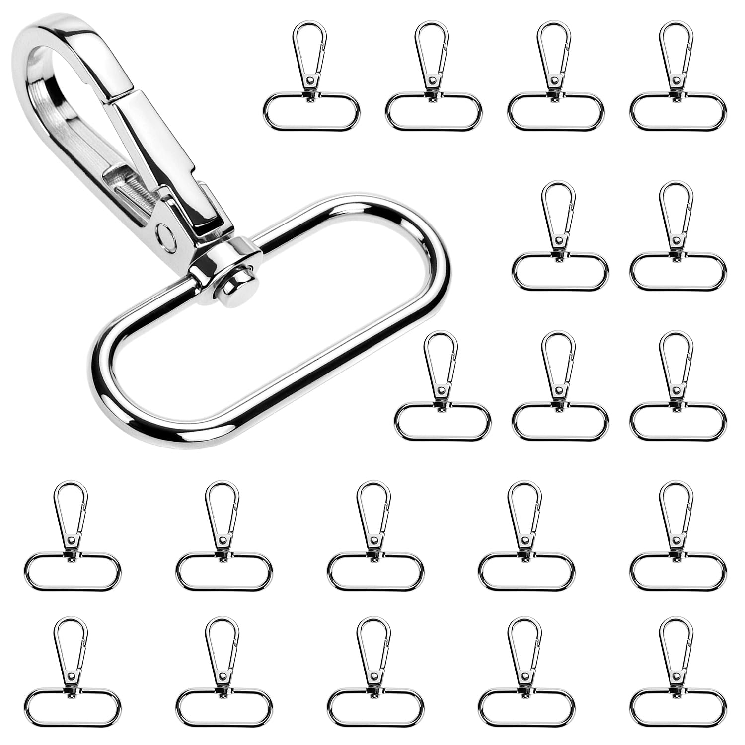 QWORK® 20 Pezzi 38mm moschettone girevole, portachiavi argento con D-anelli, per cordini, borse e lavori fai da te