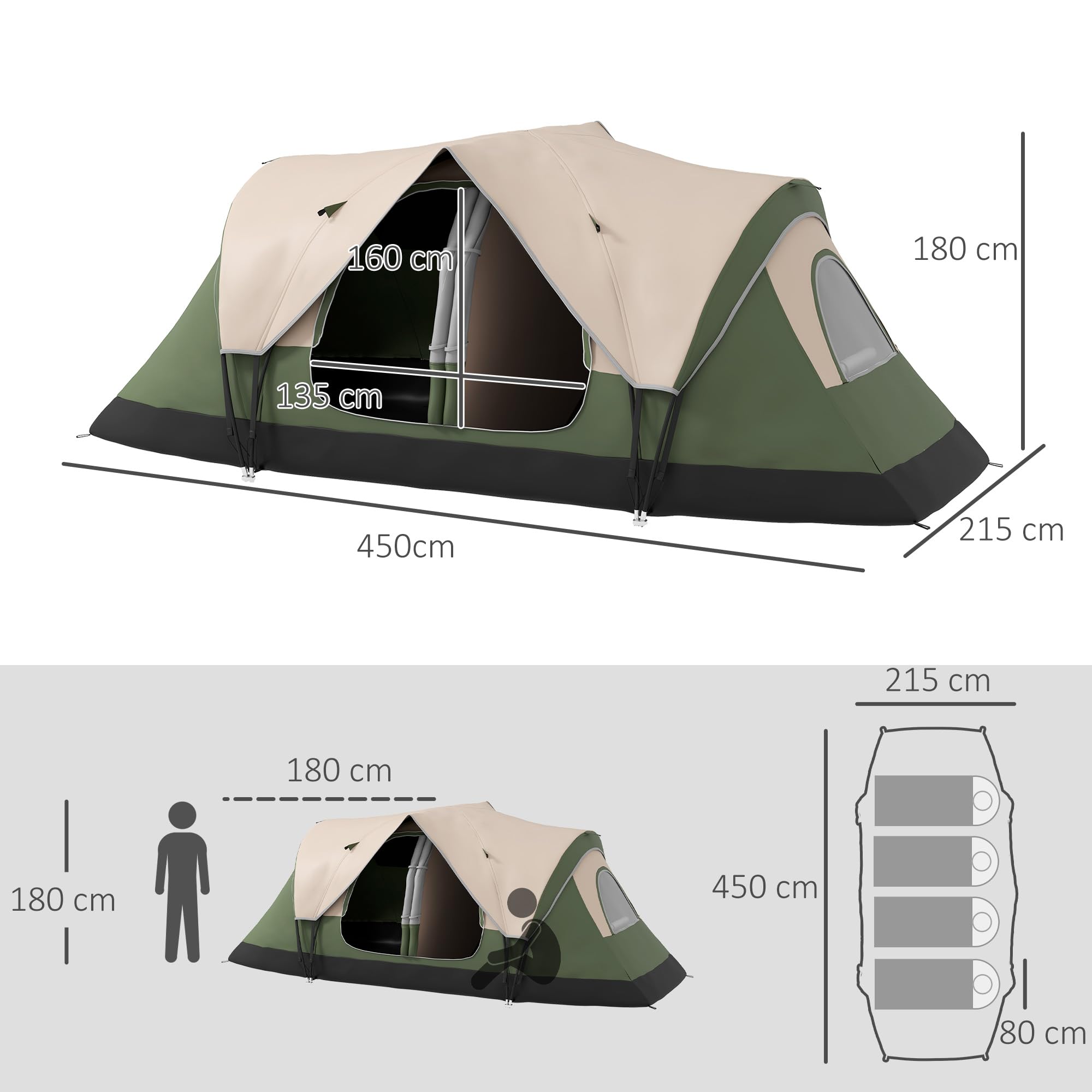 Outsunny Tenda da Campeggio 6-8 Posti 2 Stanze Separate Tunnel Protezione PU2000mm 450x215x180 cm