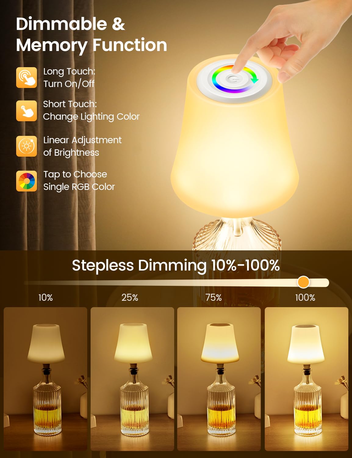LED Akku Flaschenlampe, Touch Kabellose Tischleuchte mit 7 Modi Stufenlos