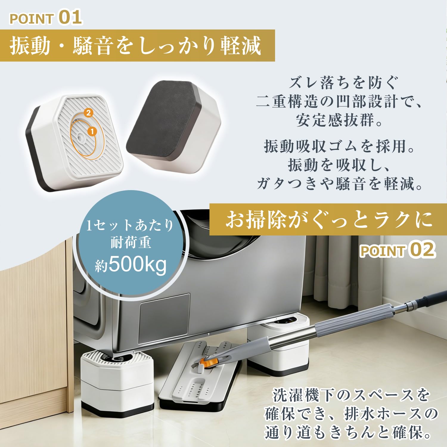 洗濯機かさ上げ台 底上げ 防振ゴム 高さ調節 振動吸収 異音吸収 洗濯機用防振かさ上げ台 滑り止め 床傷防止 水たまり防止 取り外し可能 自由に組み合わせ 嵩上げ 耐荷重約500kg 洗濯機・乾燥機・冷蔵庫用置き台 高さ45mm/75mm/105mm 4個入り（ホワイト,2段） - 4