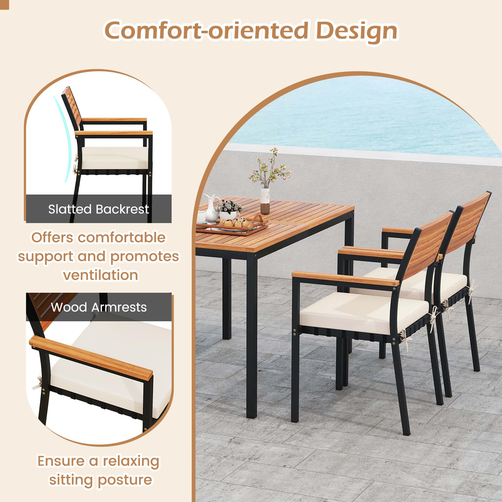 KOMFOTTEU 4-teiliges Gartenmöbel Set aus Akazienholz & Metall, Sitzgruppe für 4 Personen, Balkonmöbel mit Tisch, Bank & 2 Stühlen, Essgruppe mit Sitzkissen und Sonnenschirmloch, für Garten & Balkon