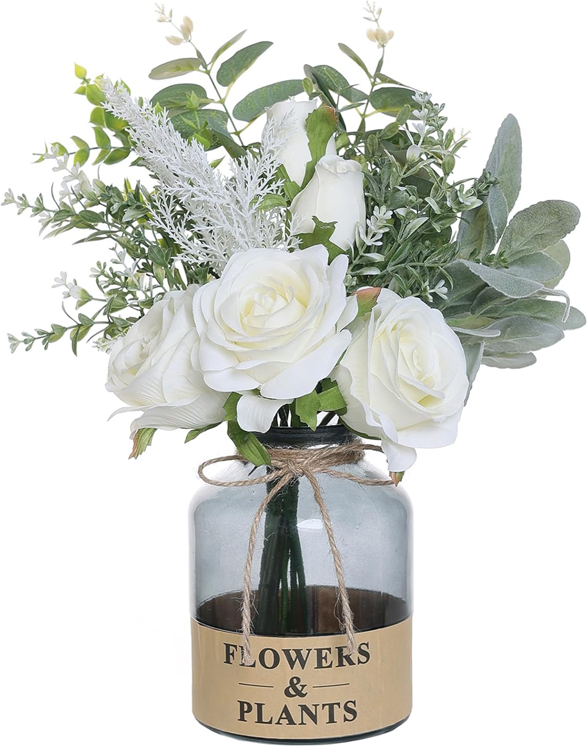 YXZZWL Artificial Flowers with Vase,Faux Silk Roses Fake Eucalyptus in Vase Centerpiece Table Decorations for Coffee Table,Living Room,Dining Table,Office,Farmhouse,Kitchen,Home Decor (White)