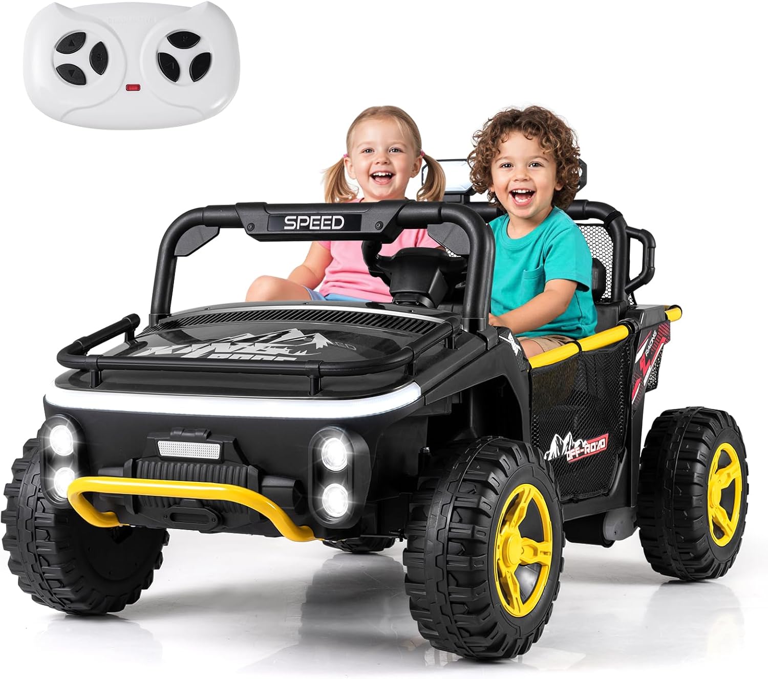 Costzon 24V Ride on Toys for Big Kids, 2 Seater Ride on UTV Off-Road Truck with Remote Control, Storage & Pull Rod, Horn, Music, Story, Lights, Electric Vehicle Kids Car for Boys Girls (Black)