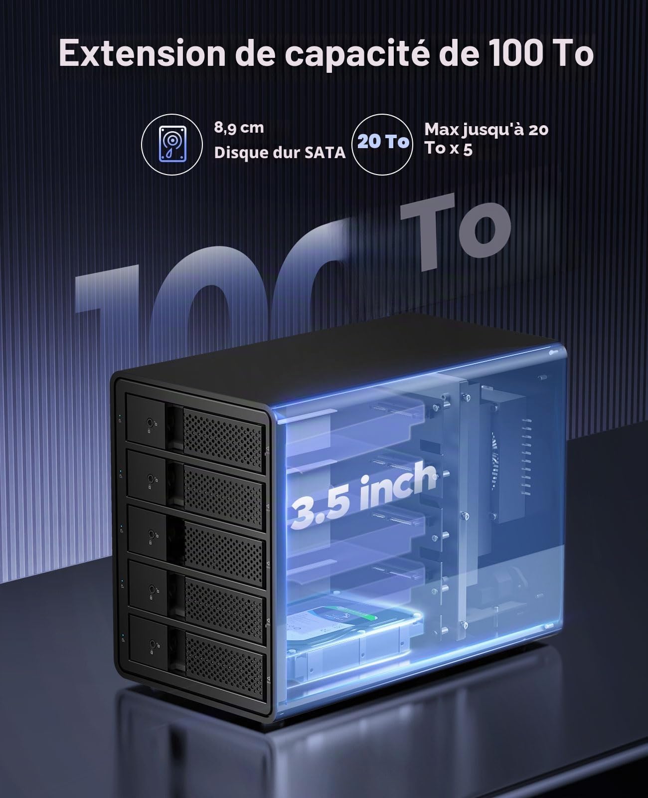 ORICO Boîtier Externe de 5 Disque Dur, USB 3.0 a SATA Raid Aluminium Boîtier Disque Dur pour HDDs et SSDs 3,5 Pouces, Prend en Charge Raid 0/1/5/10, 5x16TB(9558RU3)