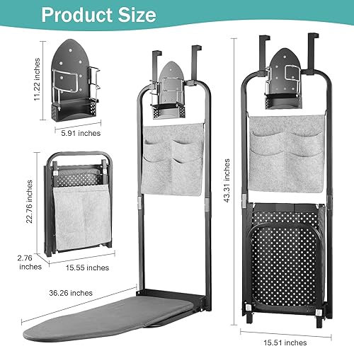 Miniatura 6 de Tabla de planchar sobre la puerta de 13 x 36 pulgadas con soporte de hierro y bolsa de almacenamiento de bolsillo, tabla de hierro colgante para el