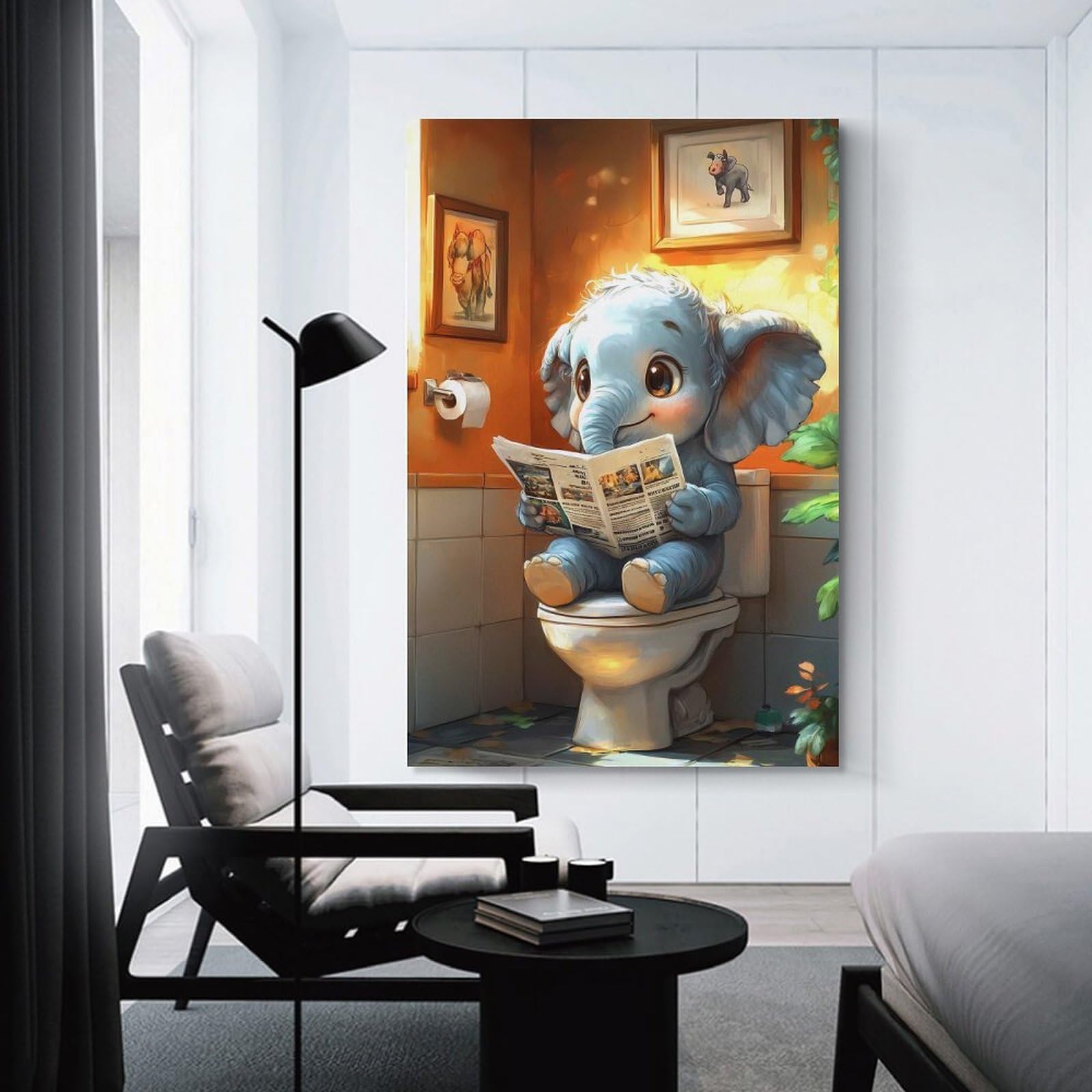 Junmoney Elephant Reading on Toilet Funny Canvas Wall Picture, 20x30inch(50x75cm), for Home, Office, Studio Or Guest Room, A Flexible Wall Accent for Shared Spaces