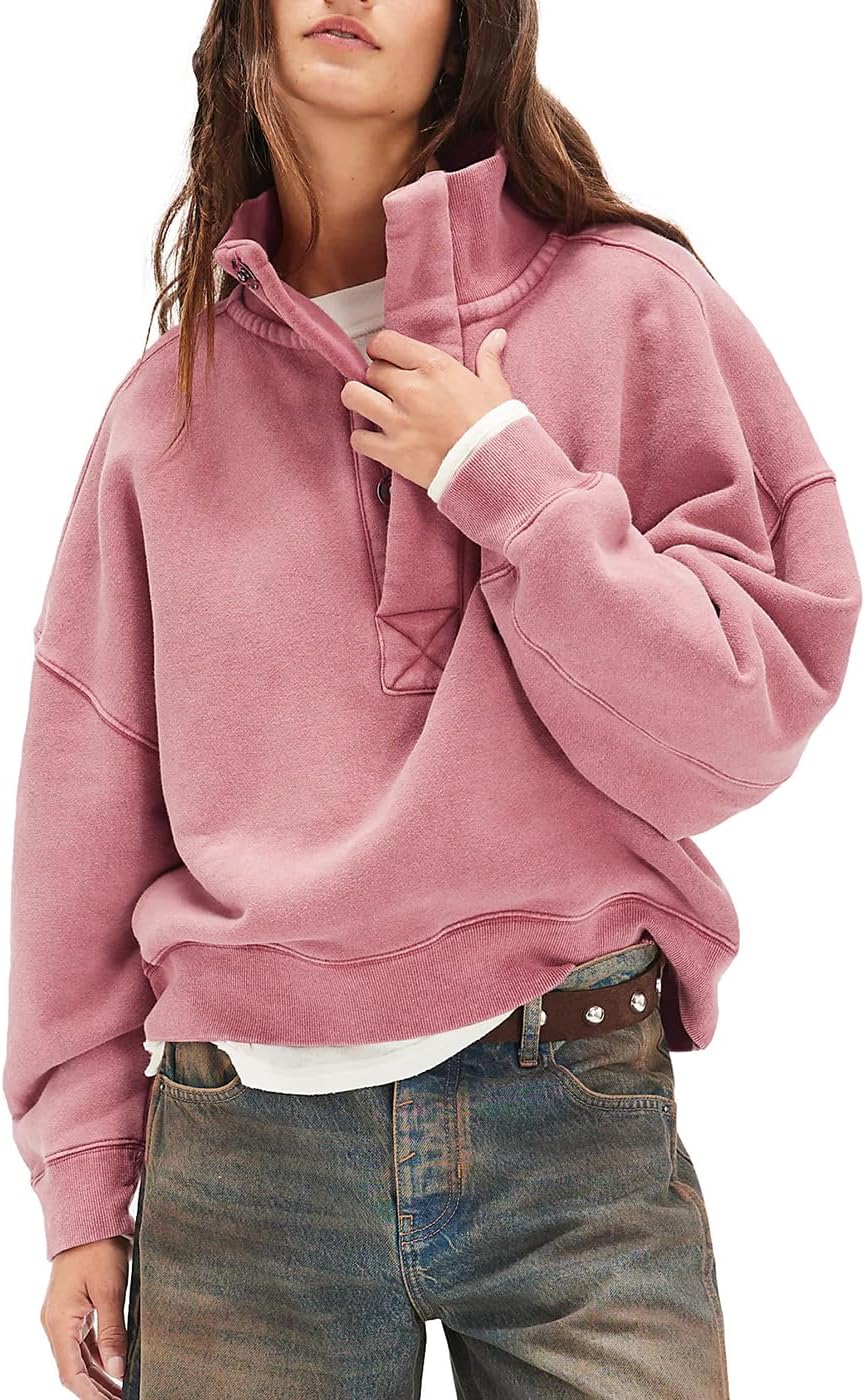 Sweatshirt for Women Long Sleeve 1/4 Button Mock Neck Pullover Tops Casual Outfits Tops(RosePink,L)