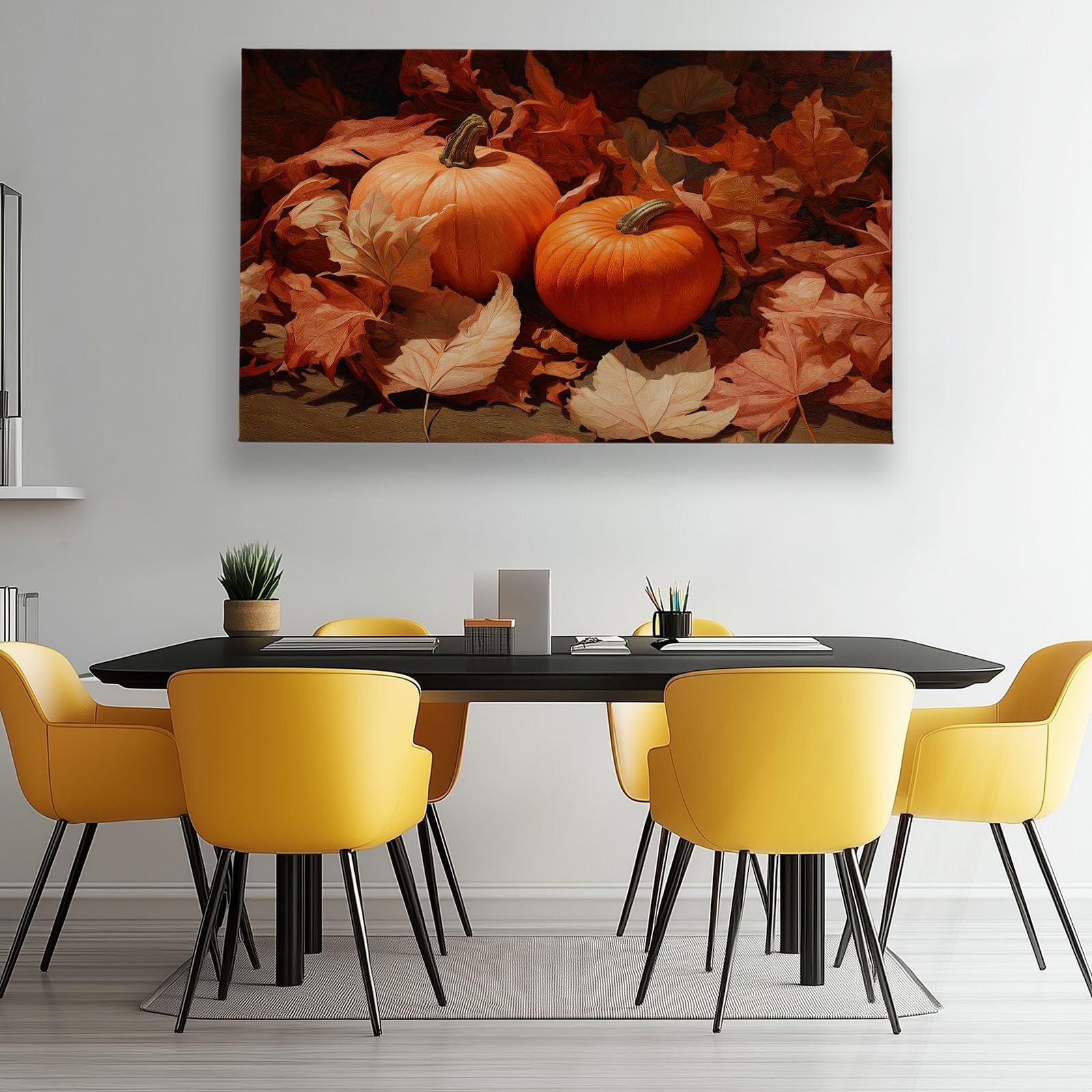 Generisch Modern Pflanzen Herbst Kürbis Blätter Modernes Leinwandbild 90L x 60B cm mit Rahmen, Landhausstil XXL Wanddeko für Wohnzimmer Geschenk Idee Einzug - Hochwertiger Kunstdruck auf Holzrahmen