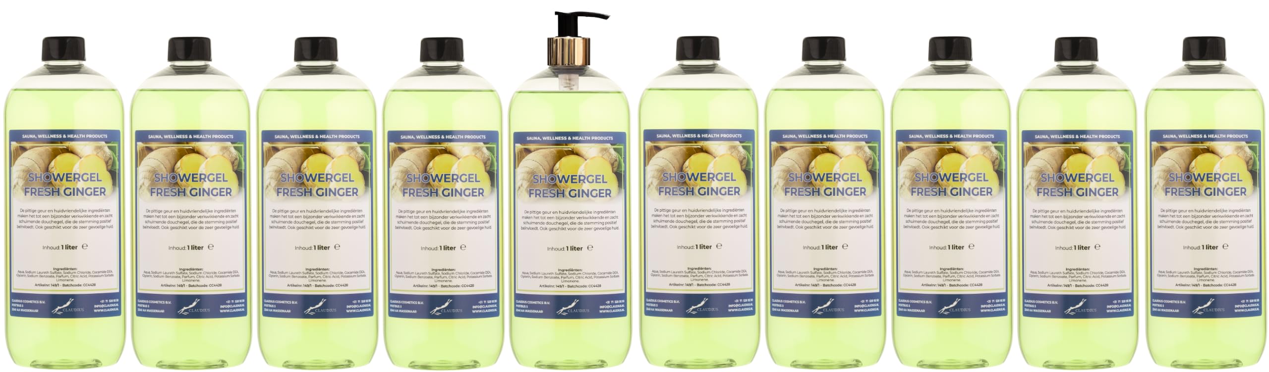 Duschgel Fresh Ginger 10 x 1 Liter mit goldener Pumpe (transparent)