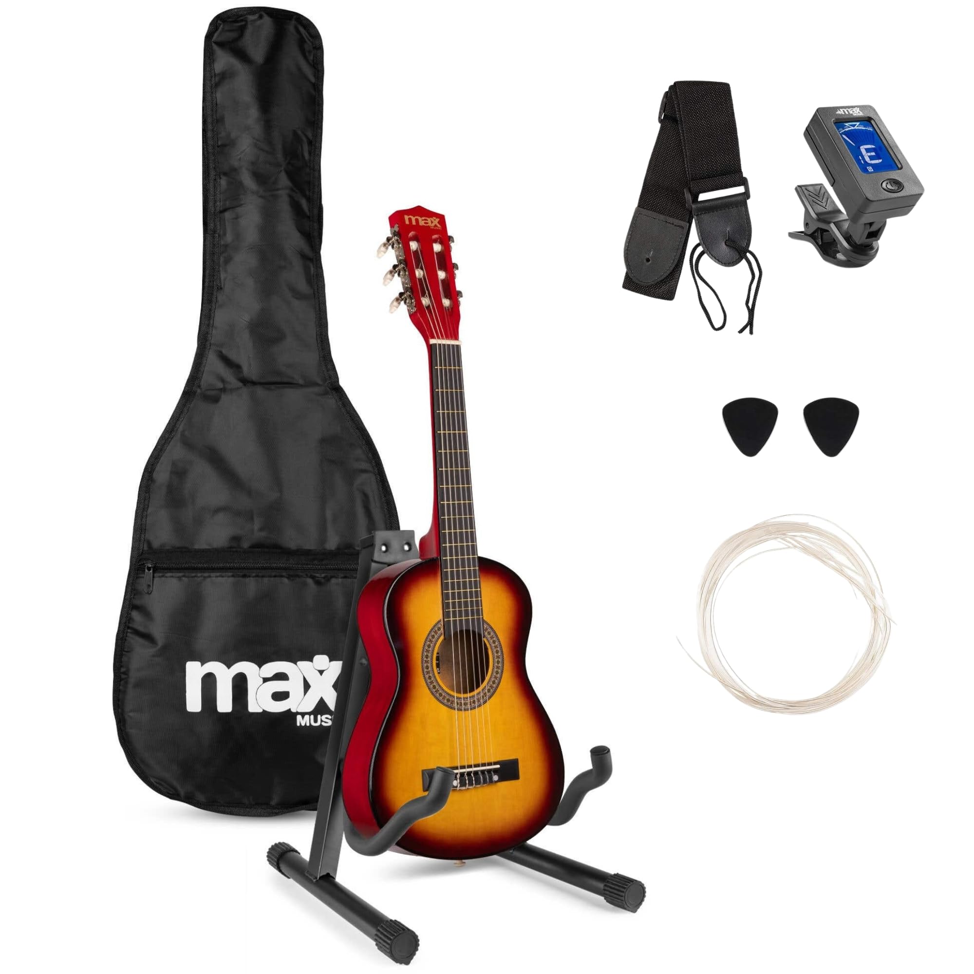 MAX SoloArt - 1/4 Gitarre Kinder ab 3 Jahre - Akustik Gitarre inkl. Gitarrenständer, Tasche, Plektrum, Gurt und Saiten-Zubehör, Kindergitarre 3 Jahre - Guitar in Sunburst