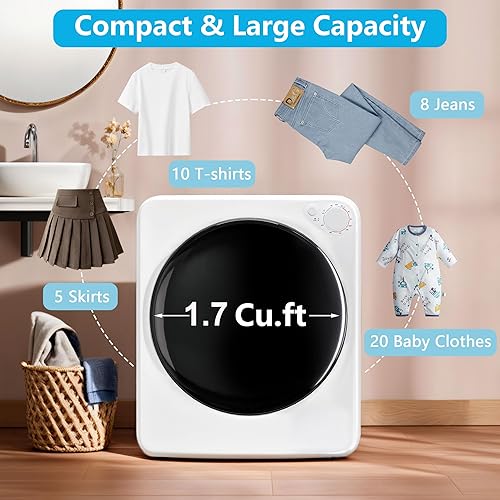Miniatura 5 de Secadora de ropa portátil de 1.5 pies cúbicos, máquina de secado de lavandería compacta de carga frontal de 800 W con bañera de acero inoxidable, 5