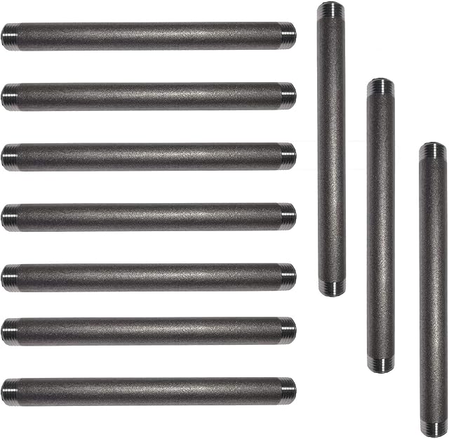 GPOWER 1/2 Inches x 8 Inches Sandblasted Dark Gray Pipe Nipples, Carbon Steel Iron Pipe Nipples and Fittings,for DIY Vintage Furniture,10 Pack