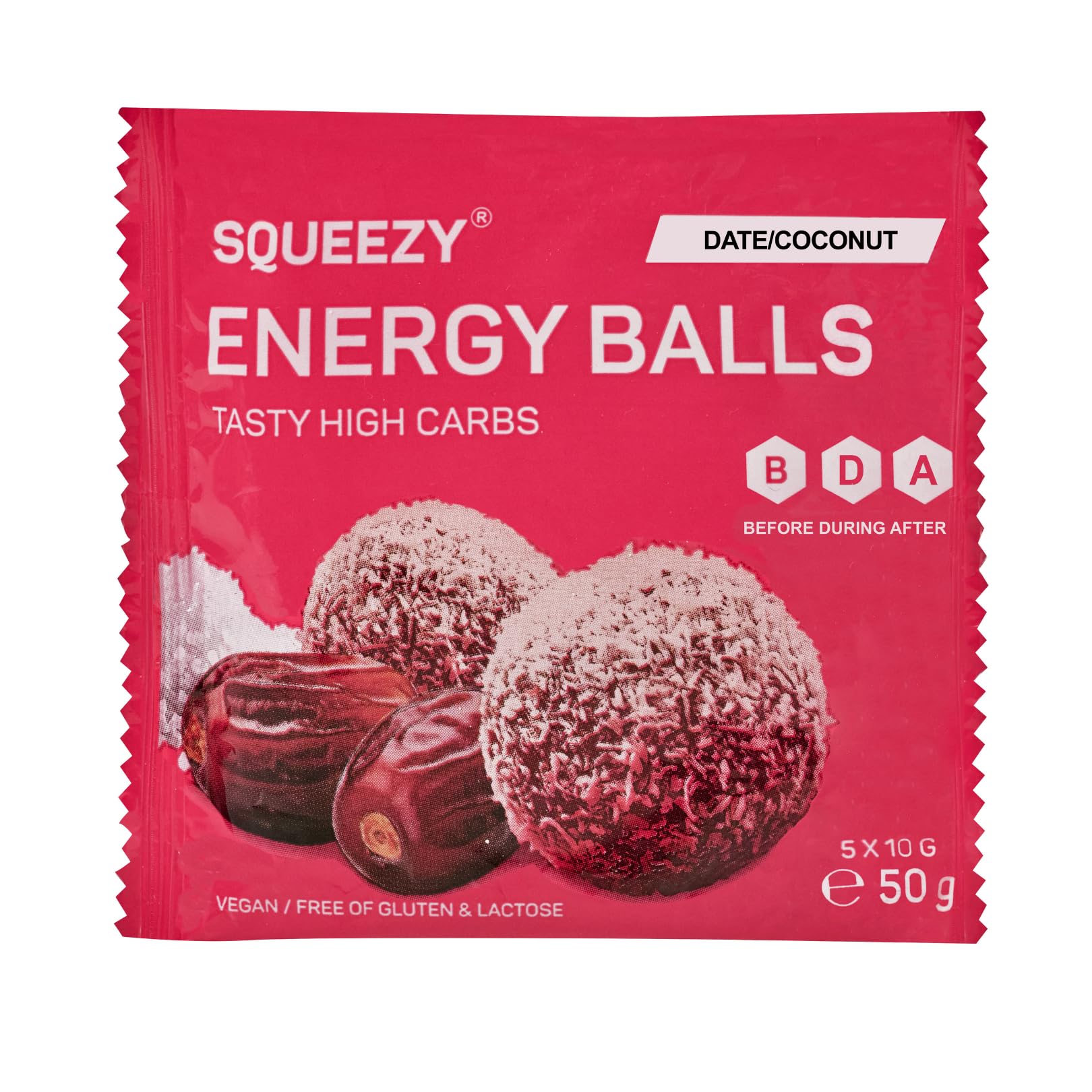 Squeezy Energy Balls (Dattel/Kokosnuss) 10x50g – High-Carb Ausdauersnack mit 71 g Kohlenhydraten | Mit Natrium & Kalium | Fettarm | Kompostierbare Verpackung | Ideal für Sport & unterwegs