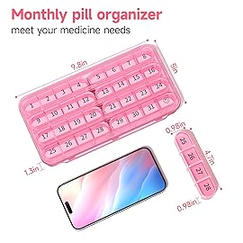 Zoksi Monthly Pill Organizer 1 Time a Day, 30 Day Pill Box Organizer Once a Day, One Month Large Pill Case for Travel, 31 Day Daily Medcine Container for Vitamins, Supplement & Medication (Pink)