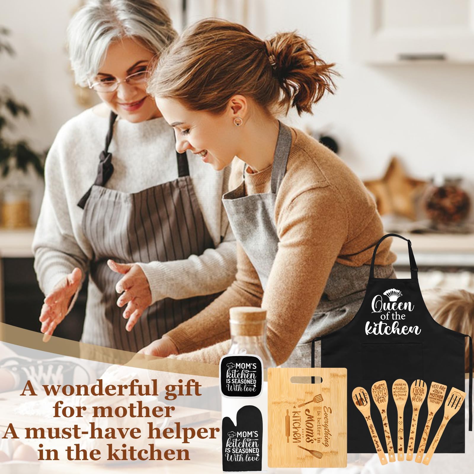 Regalos de cocina para mamá, regalos para el día de la madre de parte de la hija, ideas de regalo de cumpleaños para mamá con tabla de cortar, cucharas de madera, delantales, guantes de horno, soporte