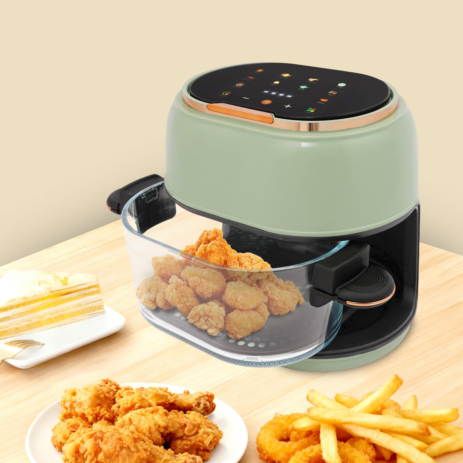Friggitrice ad aria calda intelligente 4L 1350W Airfryer senza olio con finestra di visualizzazione, touchscreen, timer e regolazione della temperatura 80-190℃, per 2-4 porzioni, cottura a basso