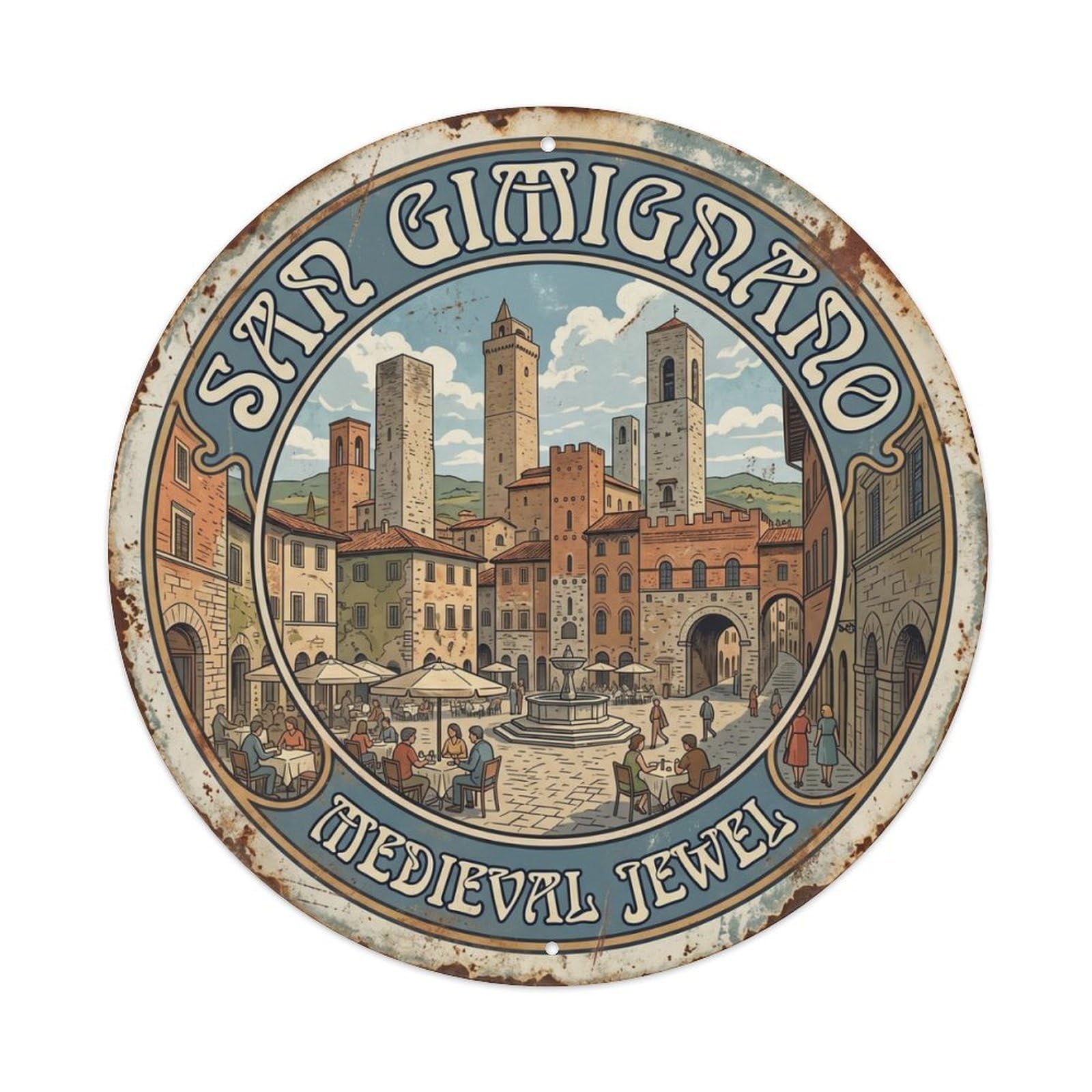 Vintage Travel Gimignano Piazza Medieval Metal Tin Sign Plaque Wall Decor for Cafe, Club Bar, Office, Home Garden Round Metal Poster 8x8Inch