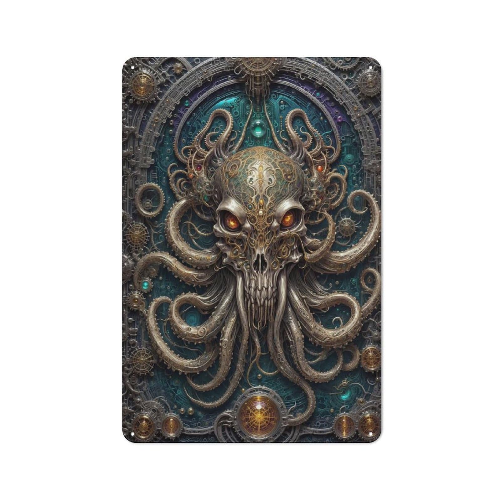 Junmoney Style-14 Vintage Metal Sign With Cybernetic Kraken Skull Design 30X20cm, Rustic Bar Wall Plaque For Bar, Kitchen, Garage Or Games Room