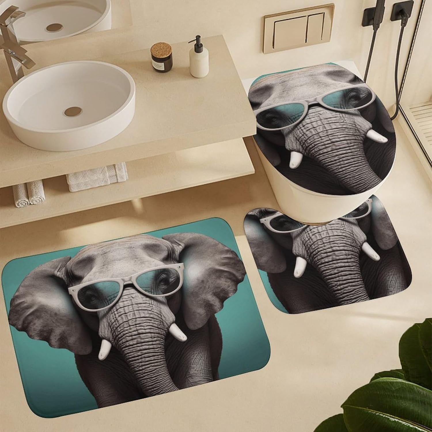 Elephant with Glasses 4Pcs Shower Curtain Set with Non-Slip Rugs, Toilet Lid Cover and Bath Mat,Bathroom Set Decor Accessories,Curtain Set with 12 Hooks, 72 X 72 Inch