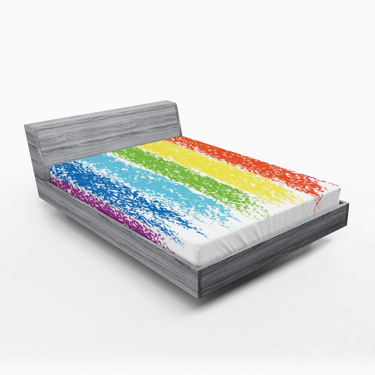 Ambesonne Rainbow Fitted Sheet, Simplistic Cheerful Illustration with Pastel Painting Colorful Lines Illustration, Soft Decorative Fabric Bedding All-Round Elastic Pocket, Queen Size, White Green