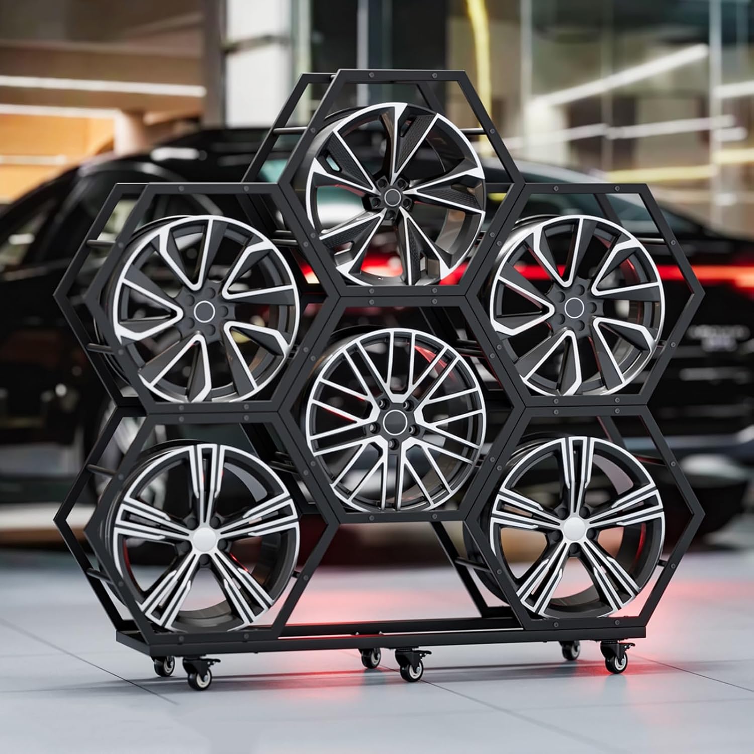 Rims Tire Rack for Garage, Tire Wheel Rim Holder, Movable Hexagon Car Rims Tire Display Rack, Steel Spare Tyre Organizer, Tire Wheel Organizer Holder(6-Frame)
